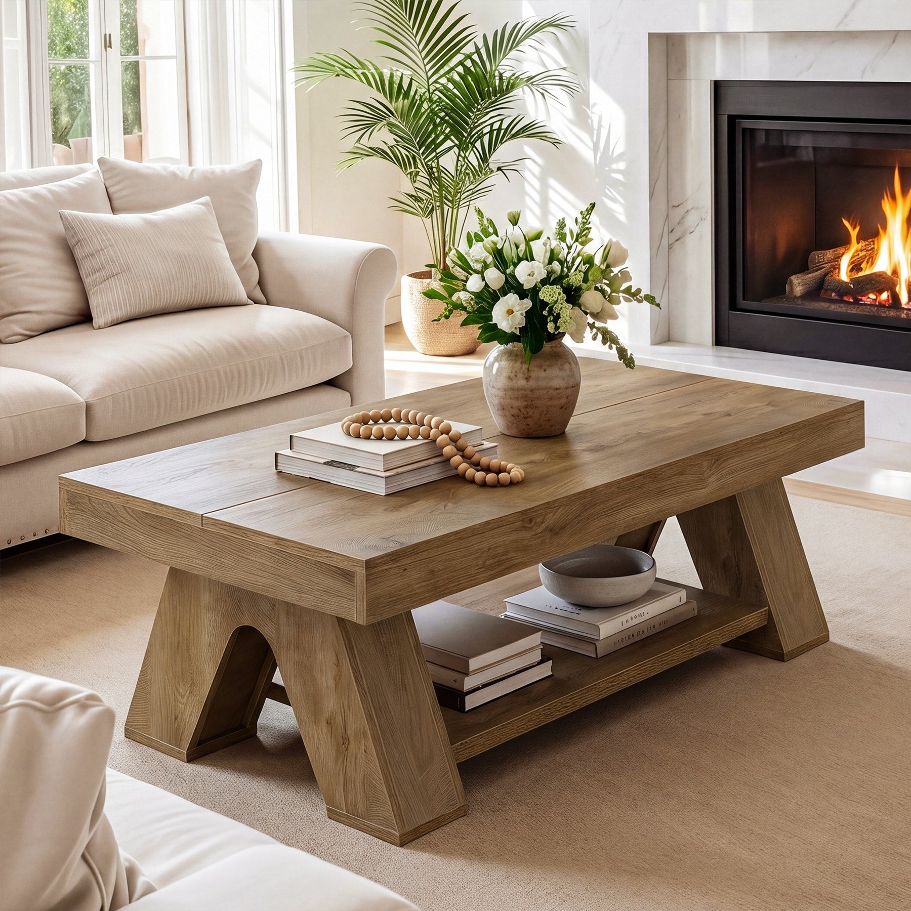 55.1 Inch Rectangle Center Tea Table With Storage Shelf For Living Room