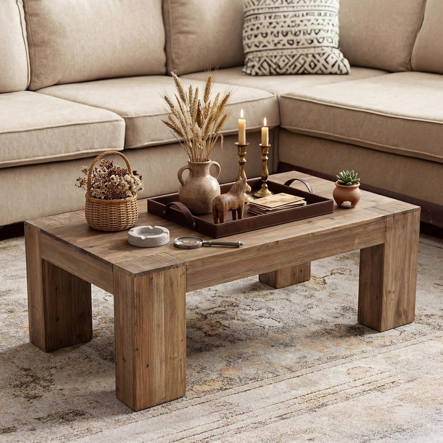 55.12 Inches Solid Wood Coffee Table With Heavy Duty Legs