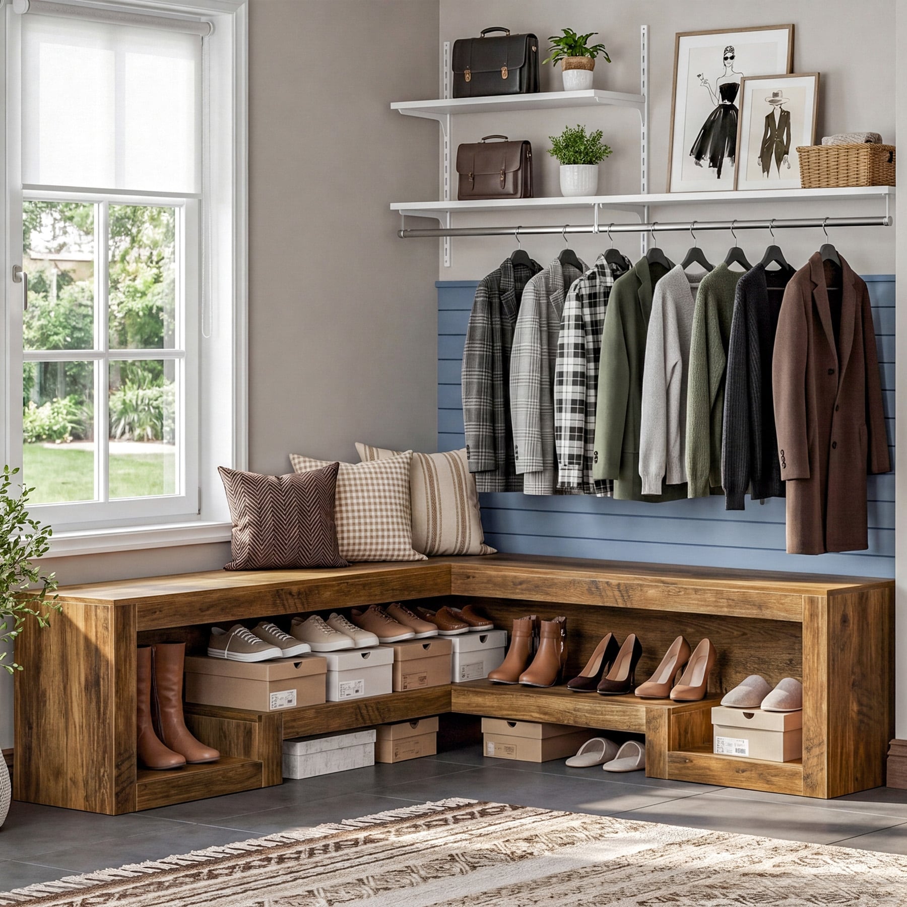 55.1 Corner Bench 2 Tier L Shaped Entryway Bench With Shoe Storage
