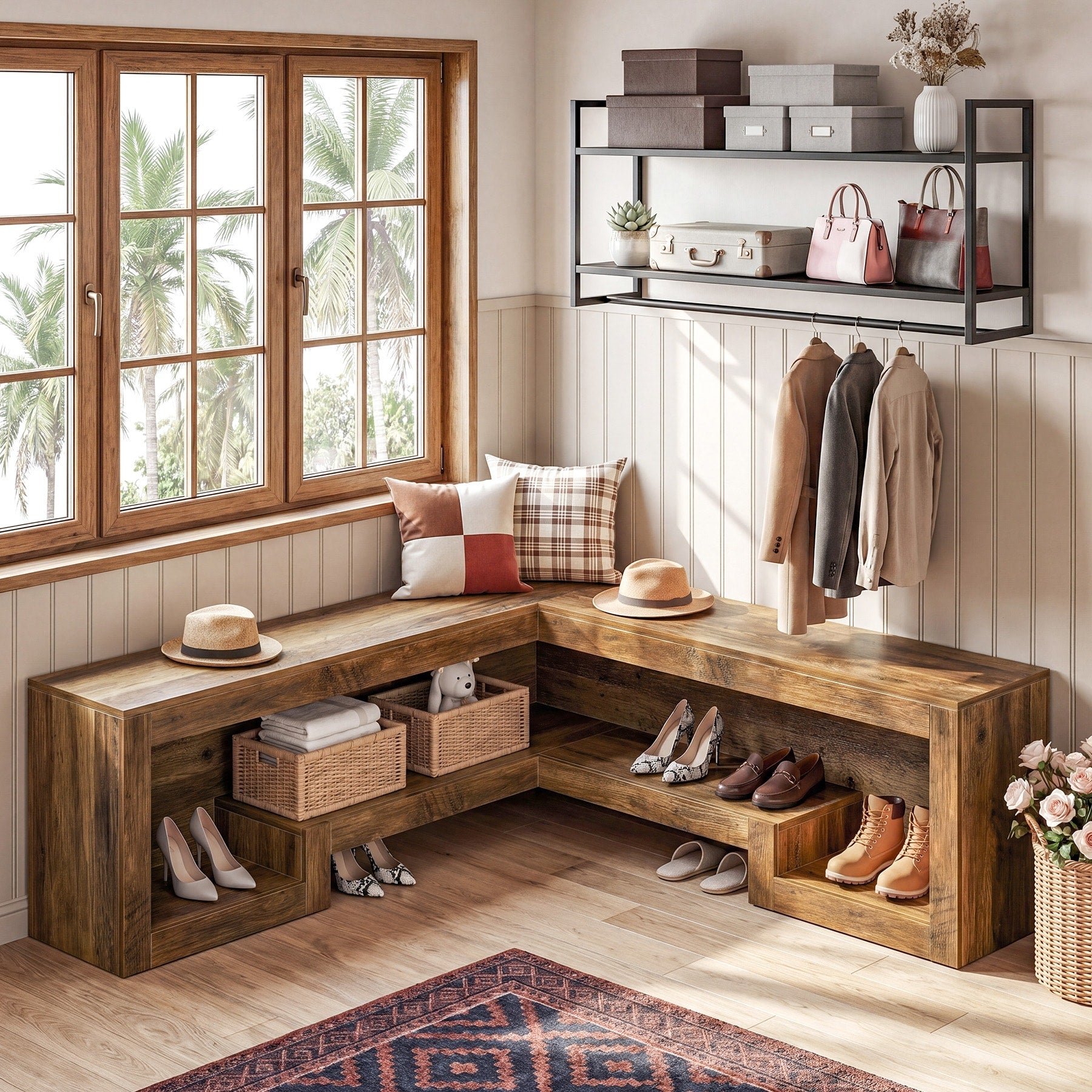 55 Inch Farmhouse Wooden Bench For Kitchen Dining Room Living Room