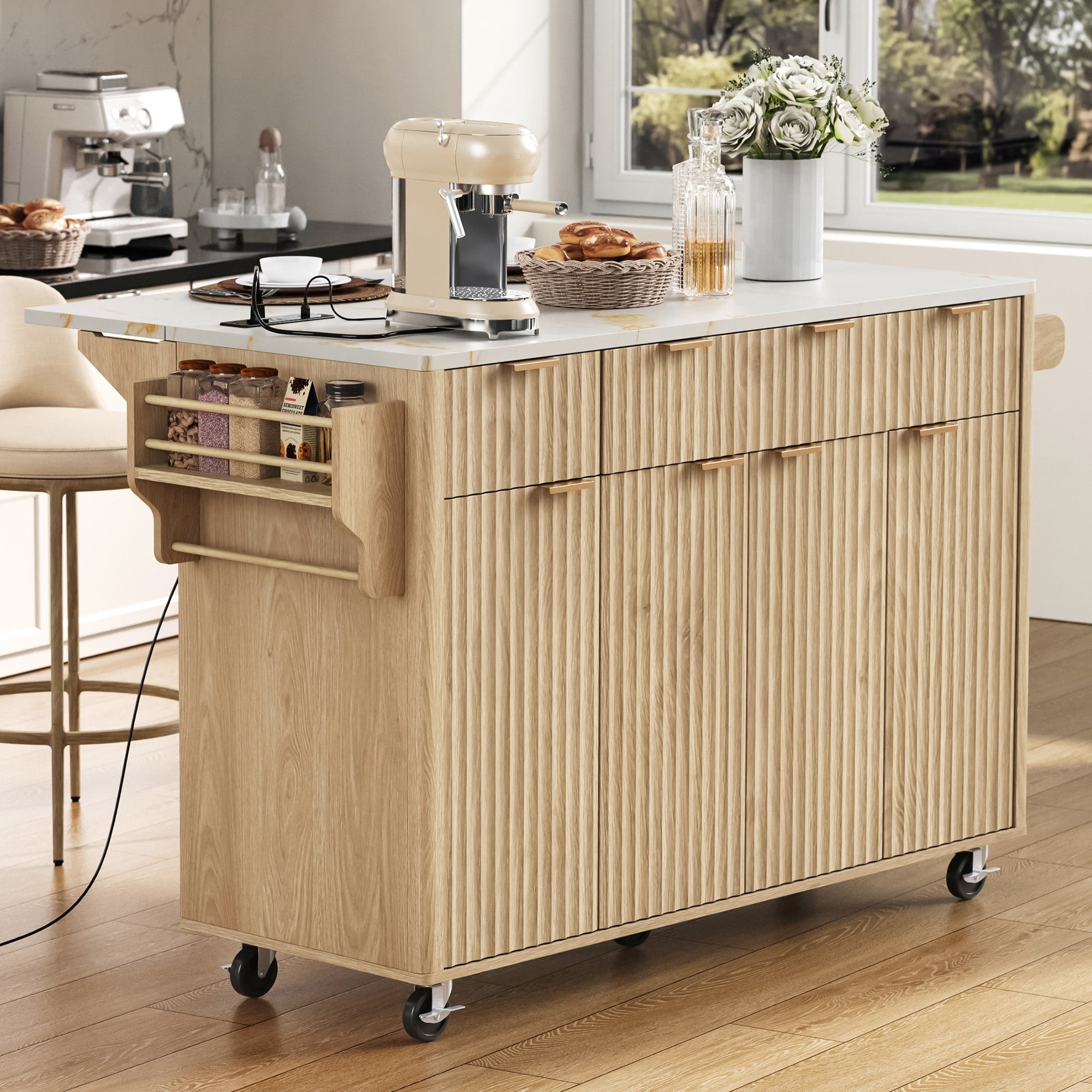 55.5 Fluted Storage Kitchen Island With Drop Leaf And Power Outlet And 3 Drawers