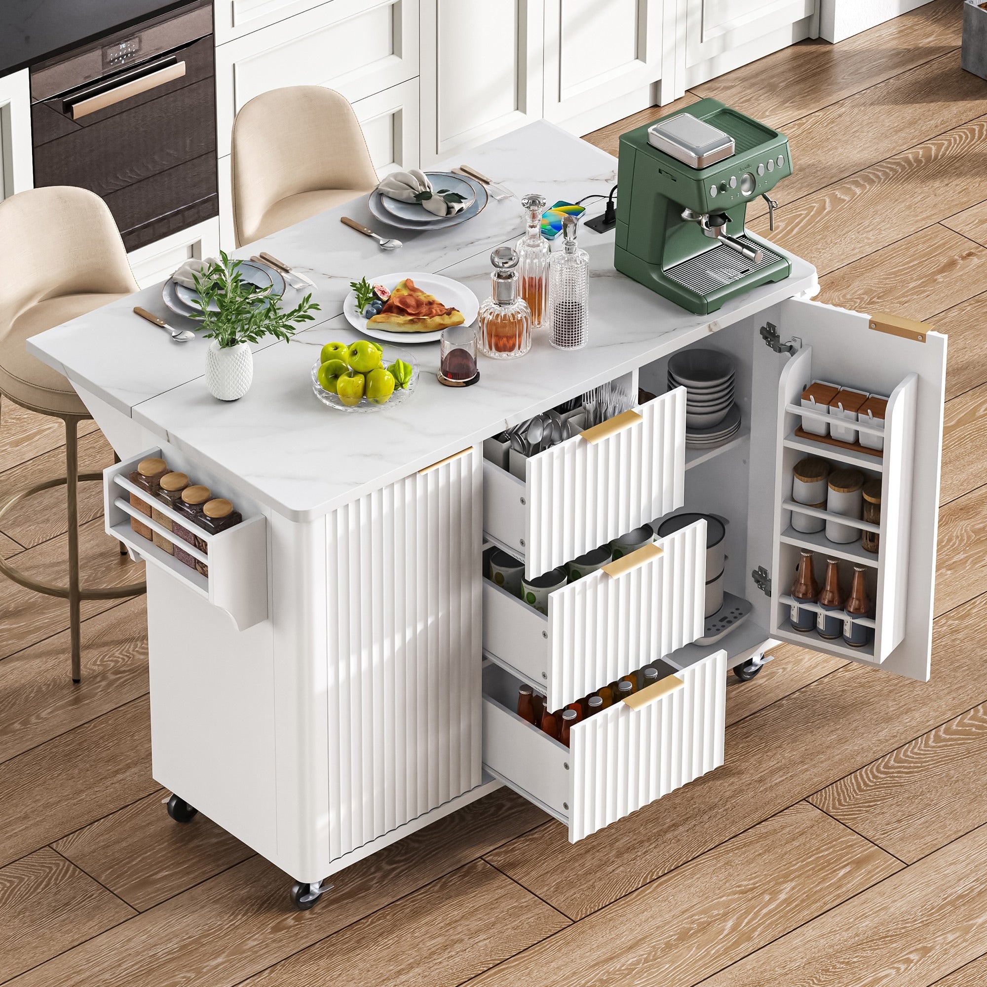 55.5 Kitchen Island With Drop Leaf And Storage Rolling Island Table With Faux Marble Top And 6 Door Shelves