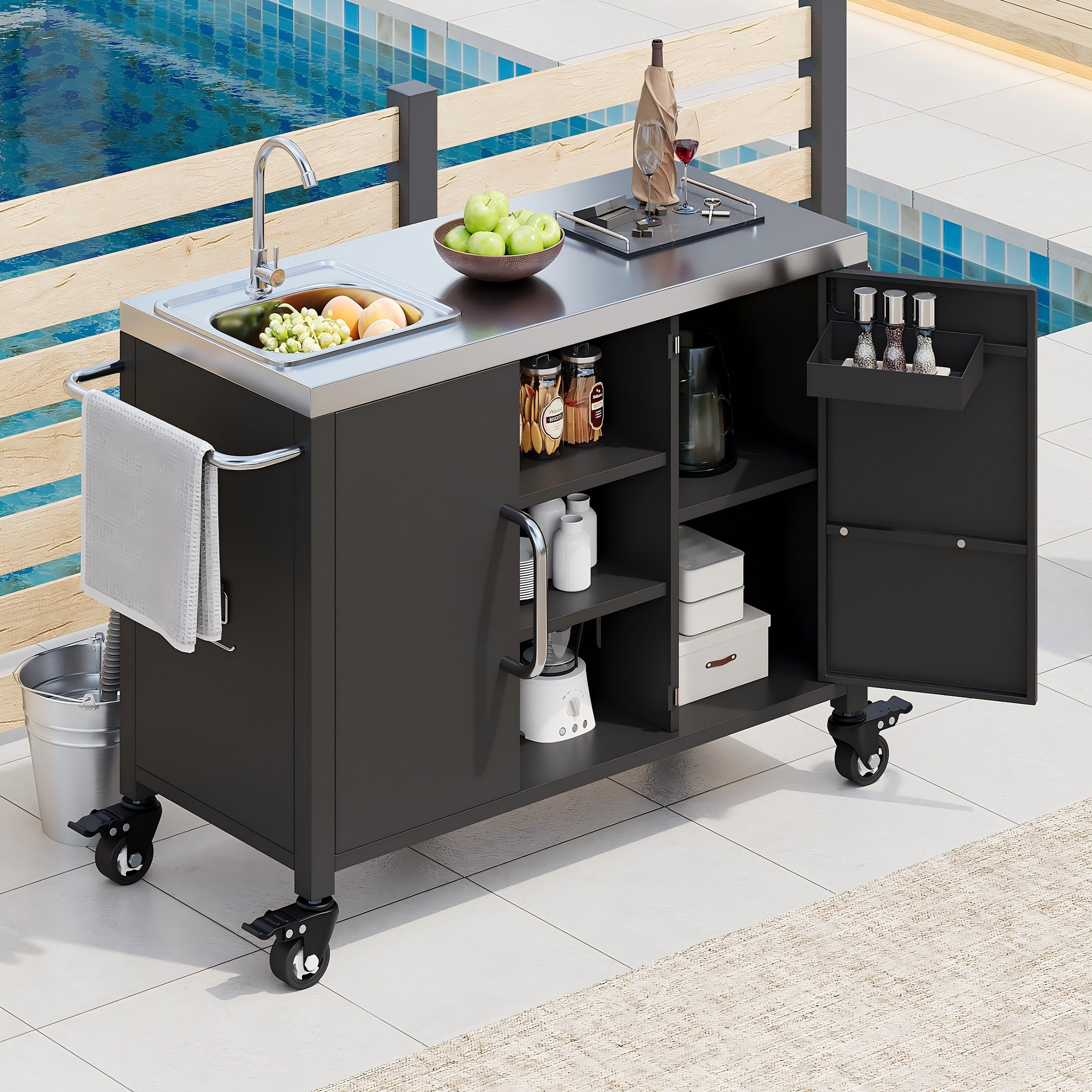 55.5 Outdoor Metal Kitchen Island With 304 Stainless Steel Sink 4 Lockable Wheels