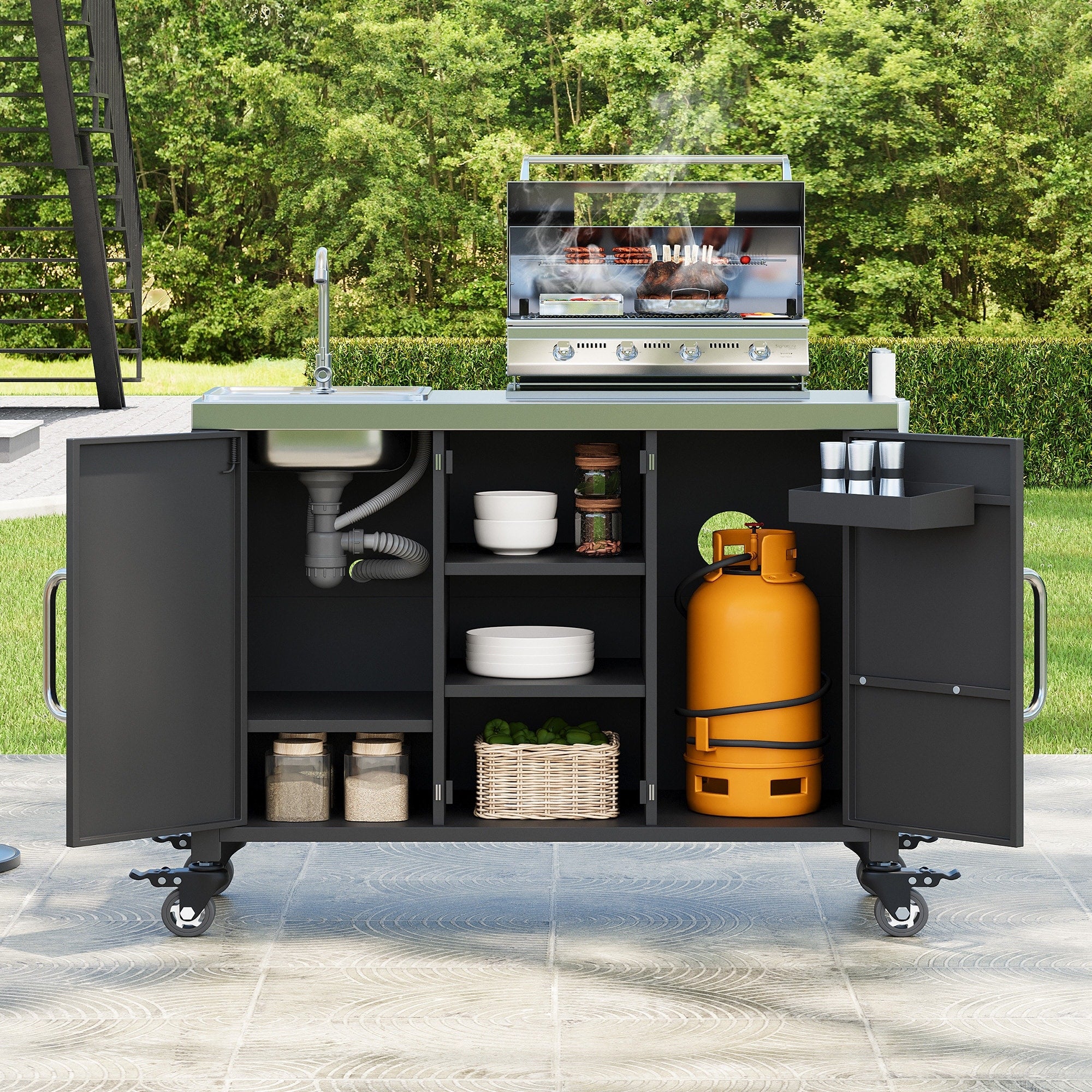 55.5 Rubber Wood Kitchen Island In Black With 304 Stainless Steel Sink 4 Lockable Wheels And Spice Rack