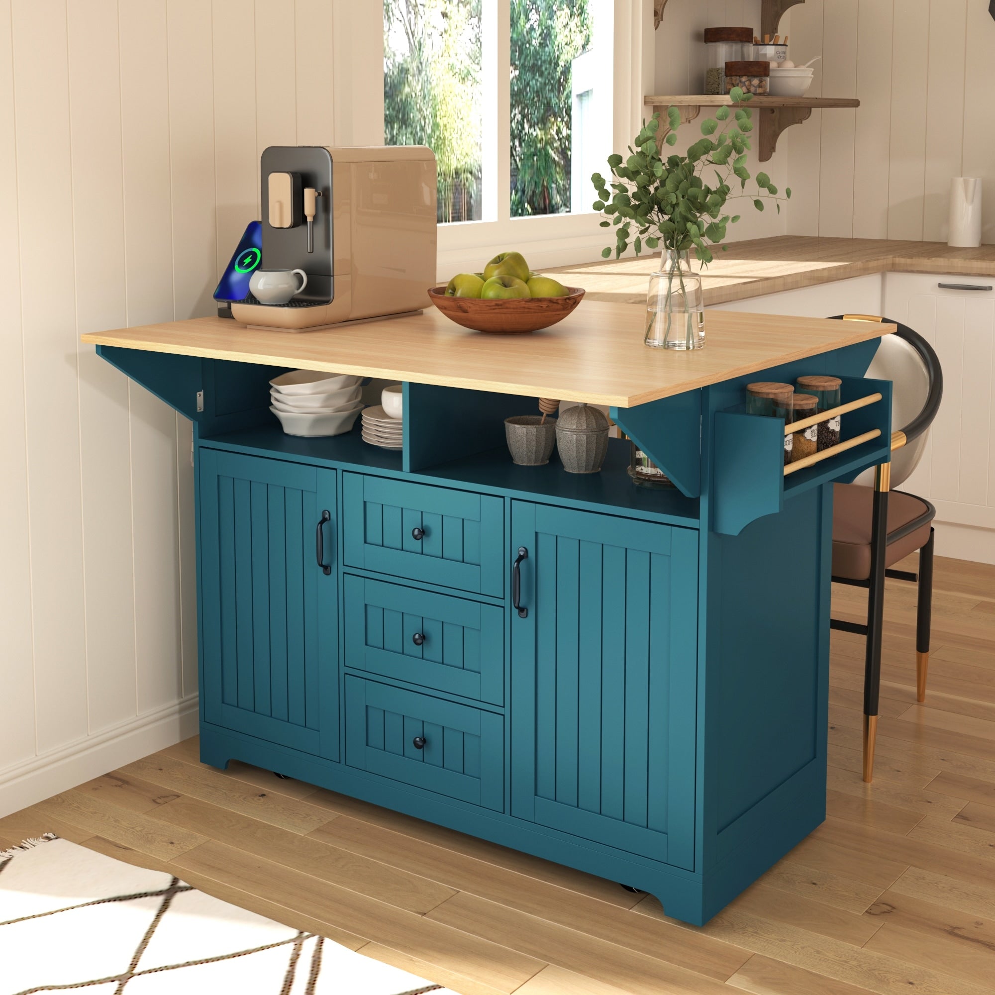 55.7 Large Kitchen Island With 2 Drop Leaf On 5 Wheels With Power Outlet Dining Table With Spice Towel Rack 3 Drawers