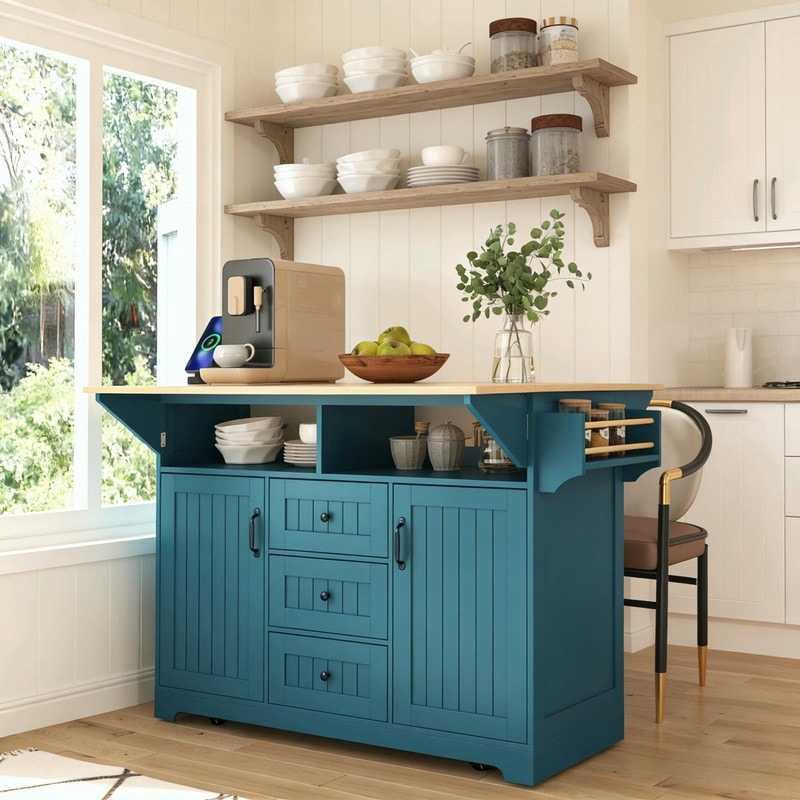 55.7 Rolling Kitchen Island With Double Drop Leaf Power Outlet 3 Drawers Spice Towel Rack Folding Dining Table Cart