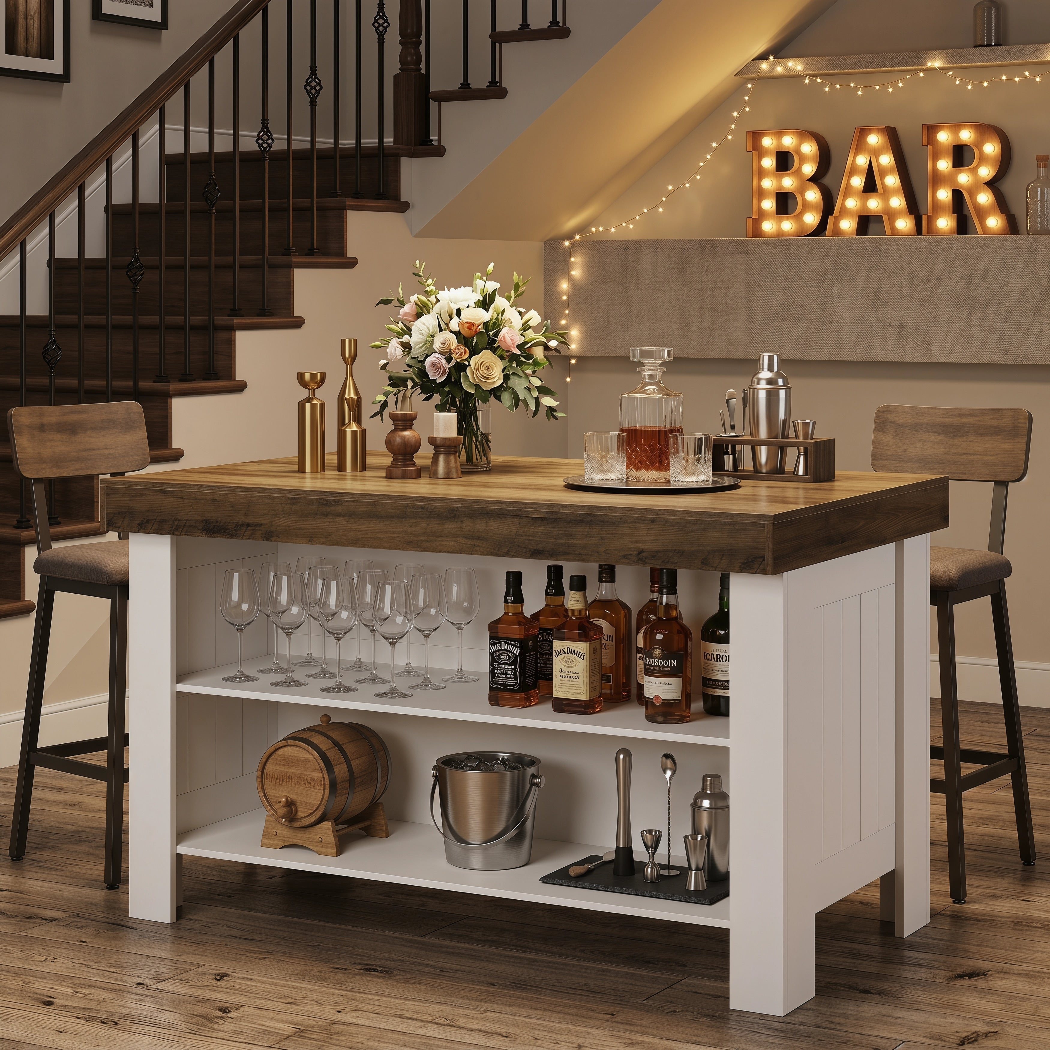 55 Bar Table With Storage Shelves Farmhouse Bar Cabinet