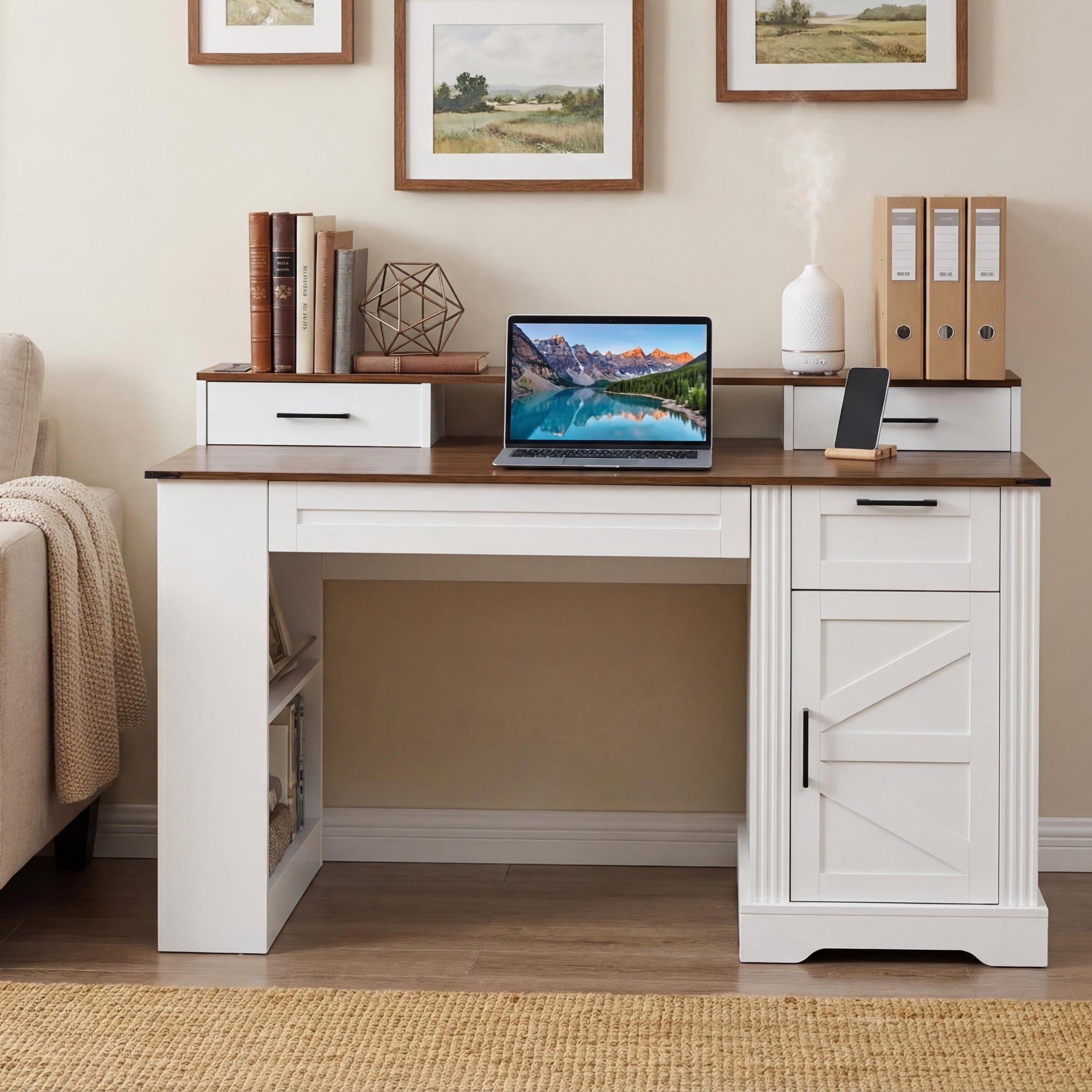 55 Barn Door Design Computer Writing Desk With Keyboard Tray Farmhouse Office Desk With Storage Cabinet Charging Station