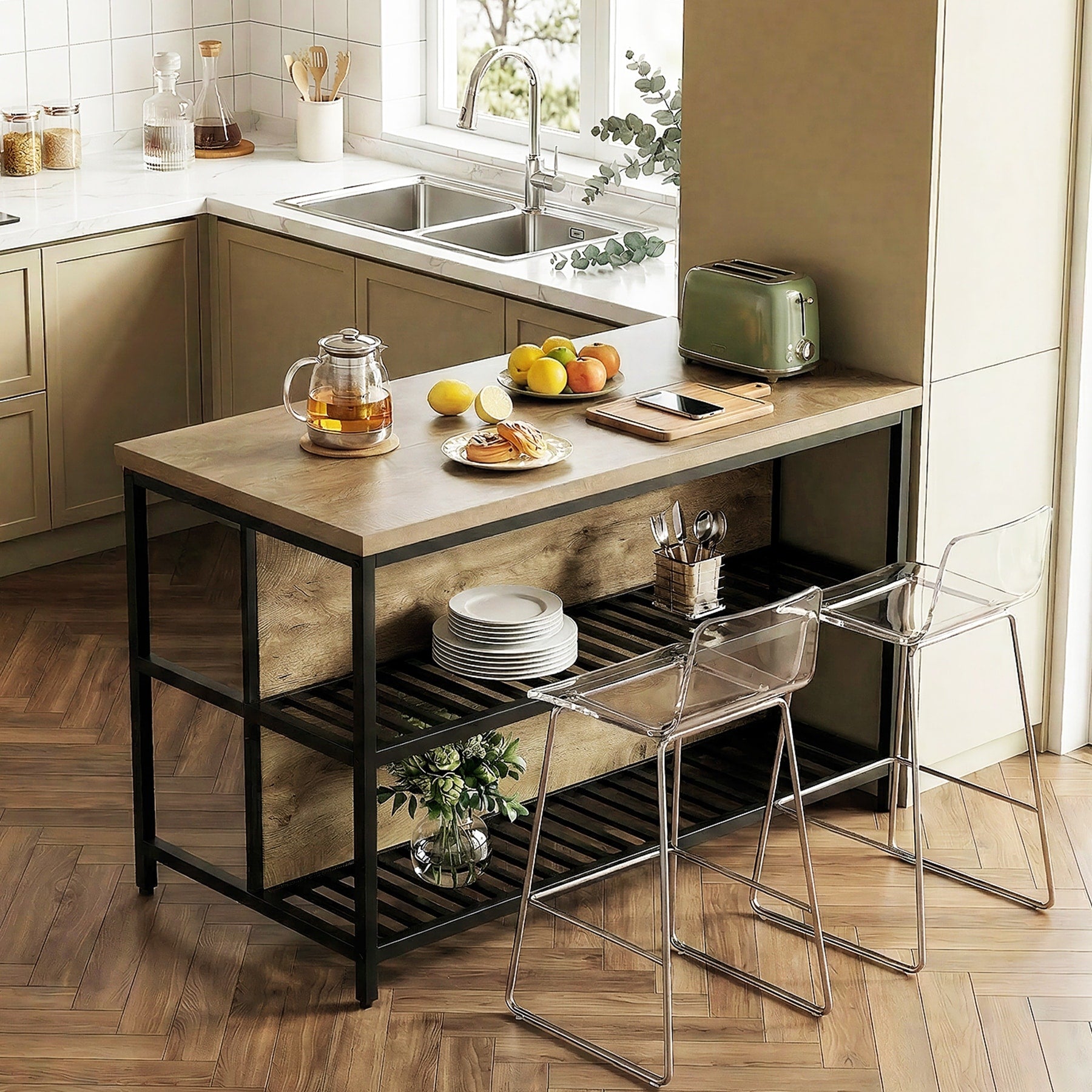 55 Farmhouse Rustic Kitchen Island Table With Open Shelves Metal Frame