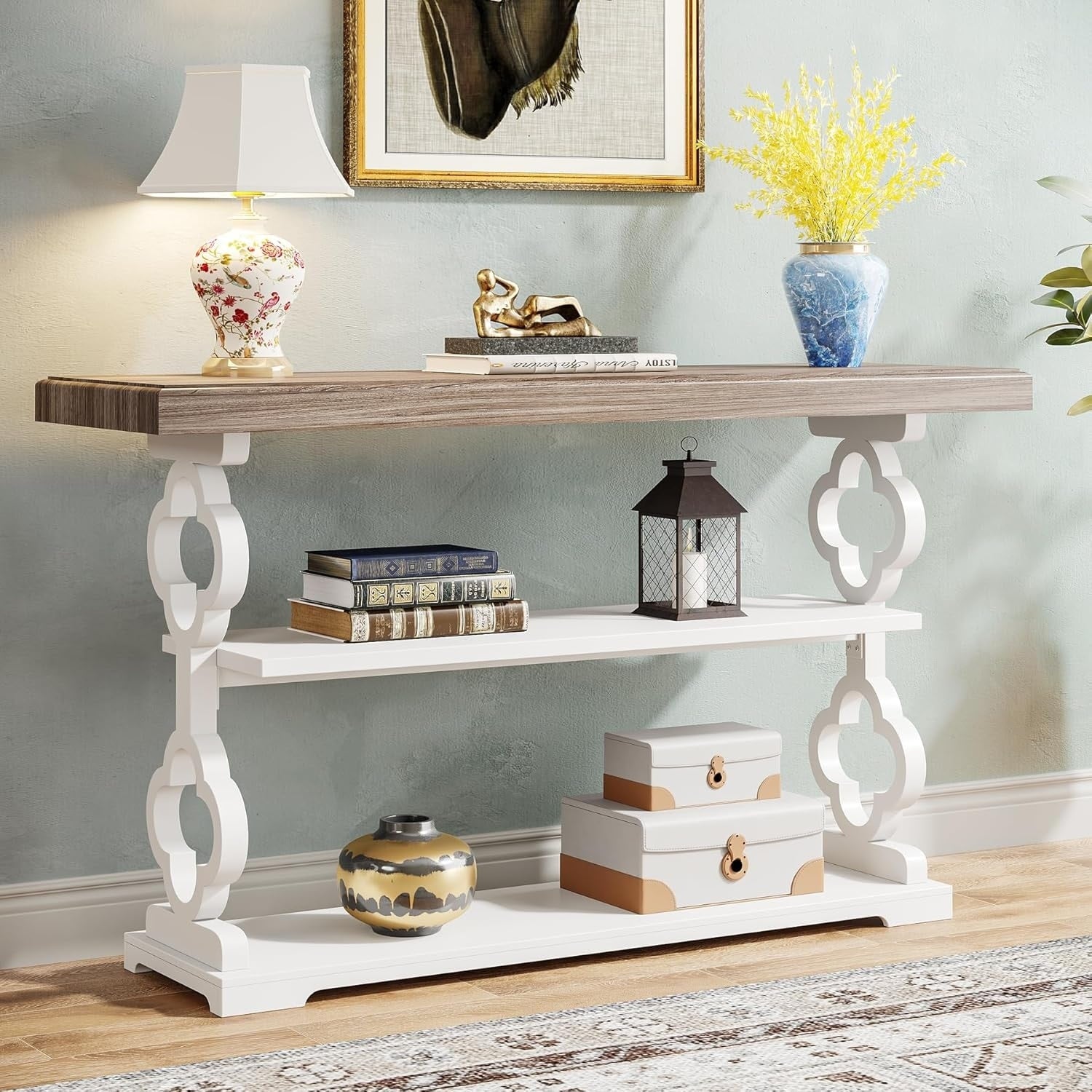 55 French Country Console Table Farmhouse Sofa Table With 3 Storage Shelves For Hallway Foyer Living Room