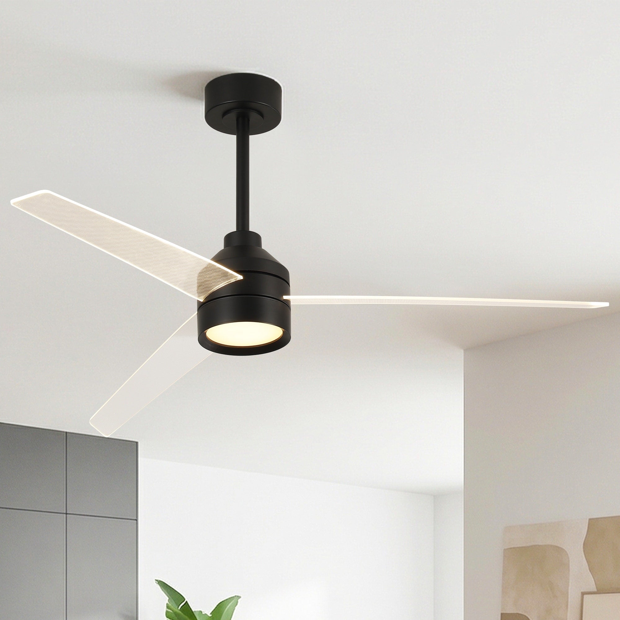 55 Modern Black 3 Clear Blades Ceiling Fan With Dimmable Led Light And Remote