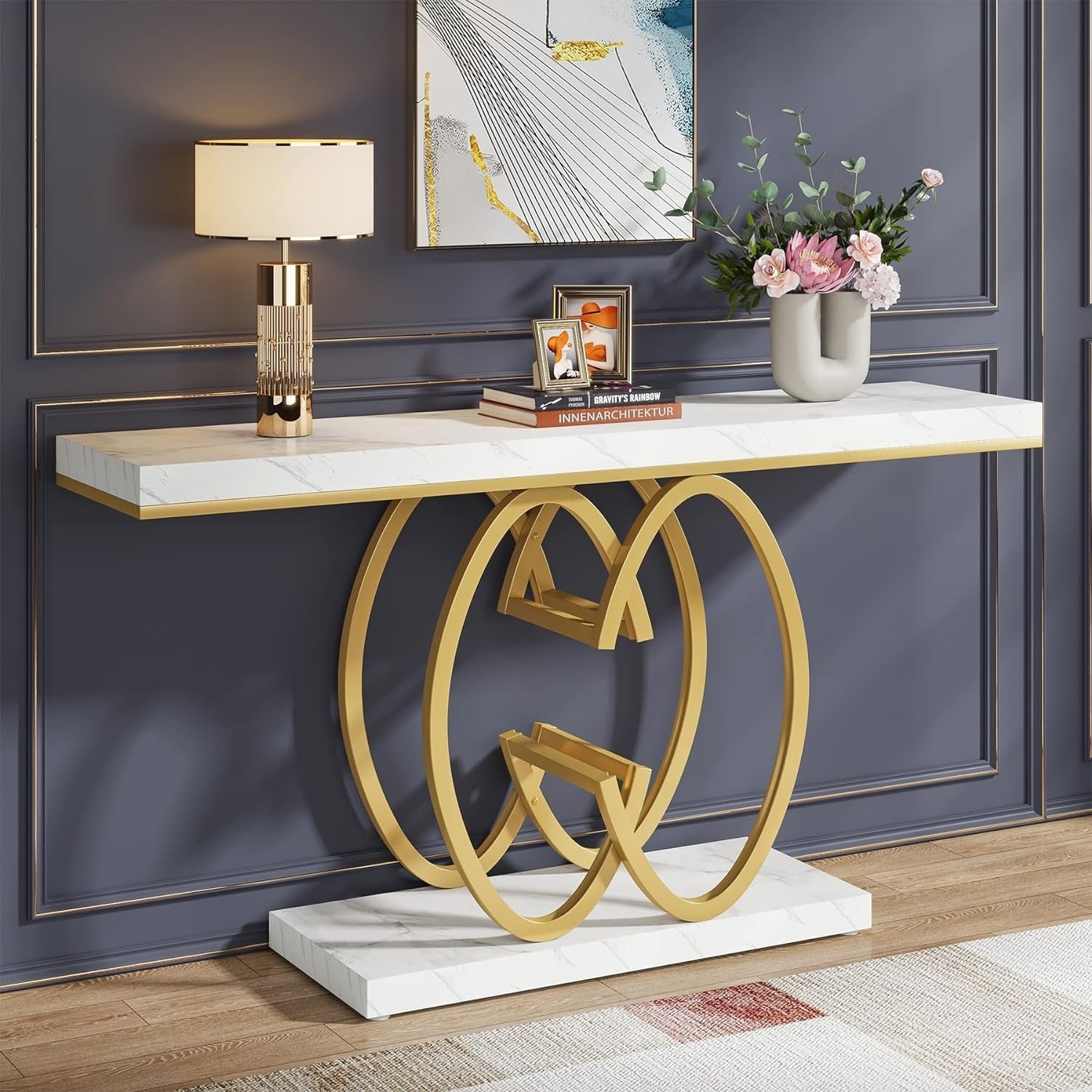 55 Modern Faux Marble Console Table With Gold Geometric Base For Living Room Hallway Foyer