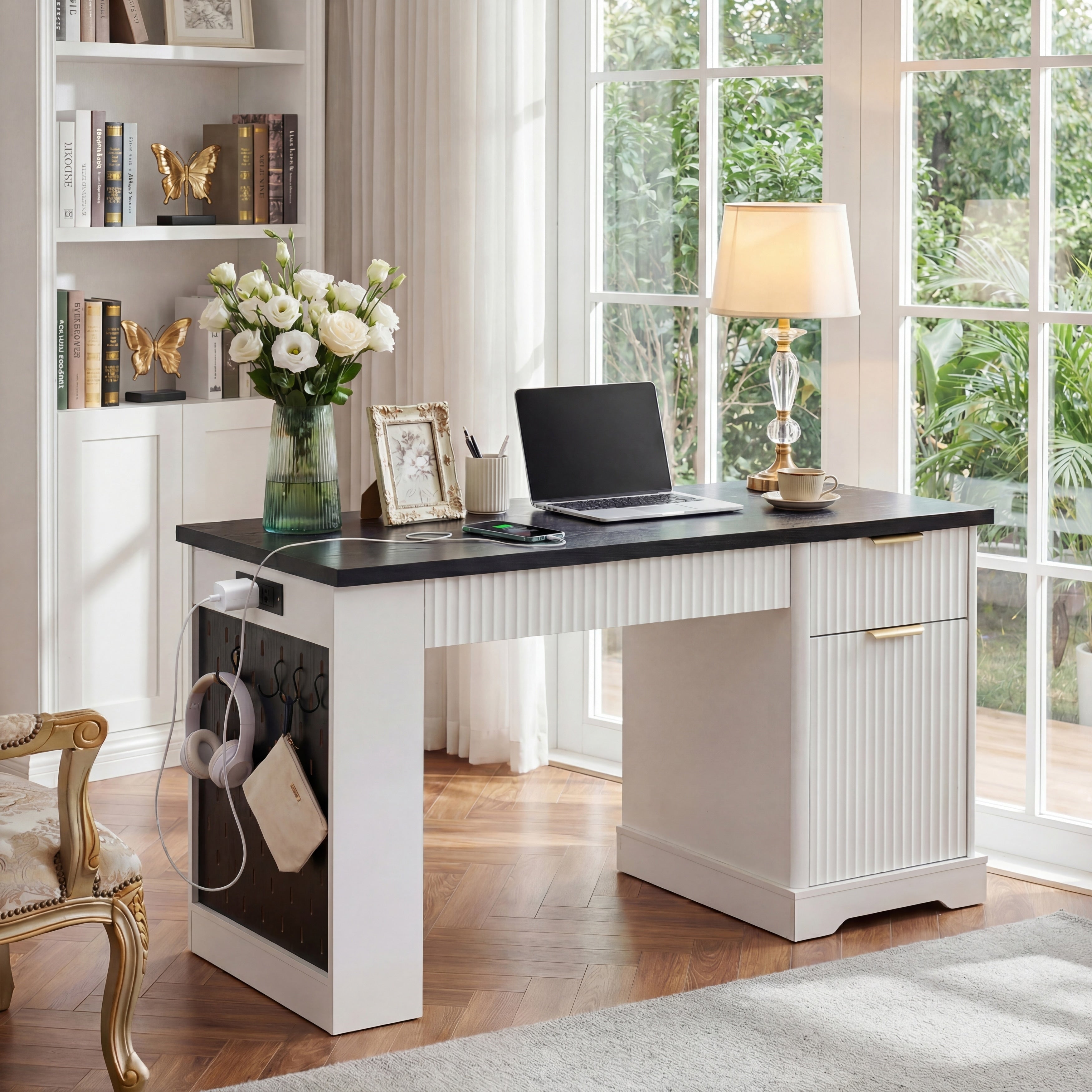 55 Modern Fluted Executive Desks With Storage Cabinet Drawers Computer Writing Desk With Power Outlet