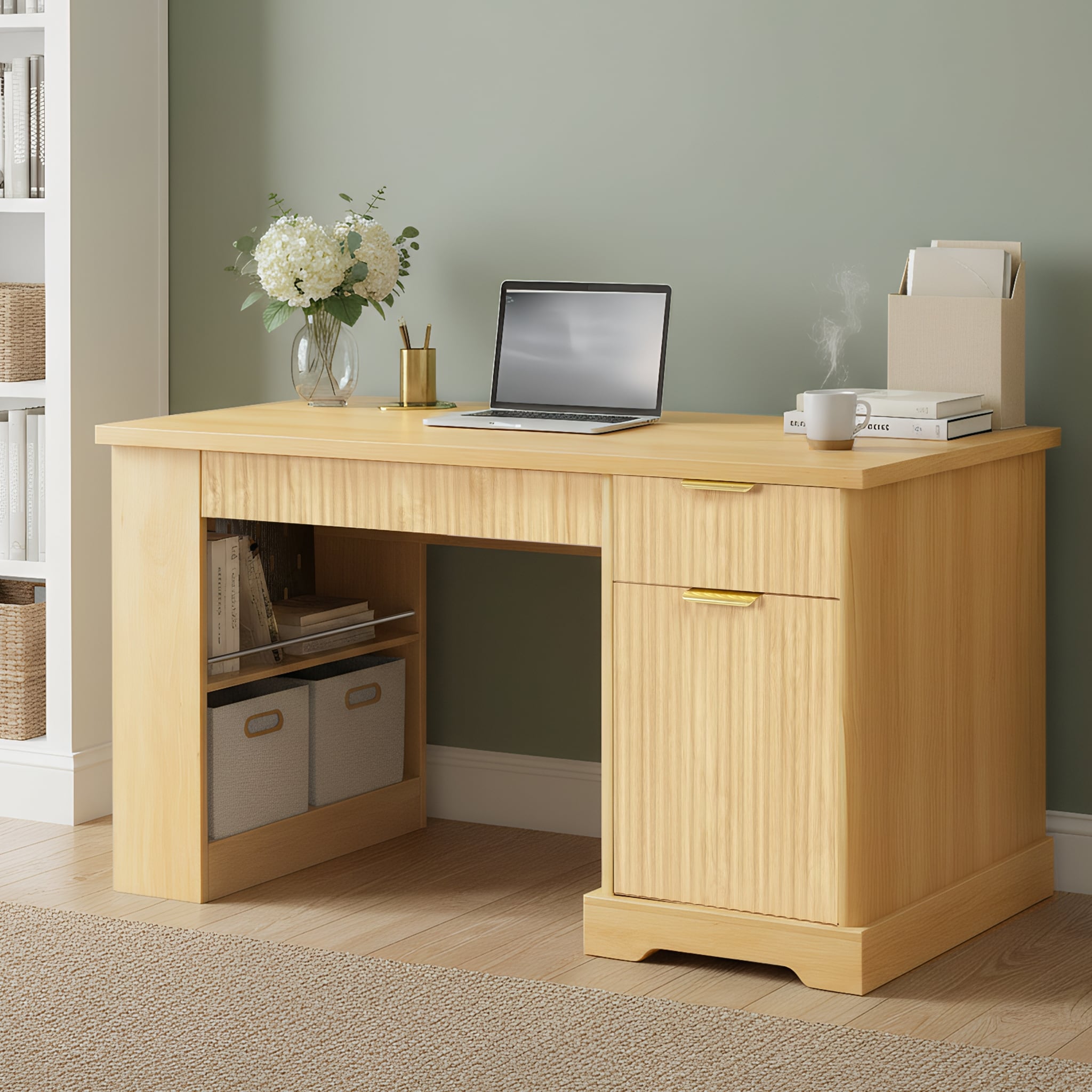 55 Modern Fluted Office Desk With Storage Cabinet Drawers Computer Writing Desk With Power Outlet Pegboard