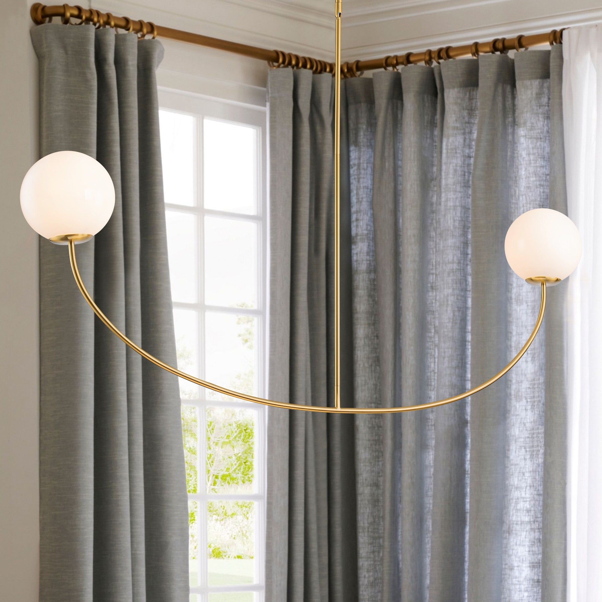 55 Modern Linear 2 Light Brass Finish Island Pendant With Milk White Glass Globe Shades For Use In Dining Room
