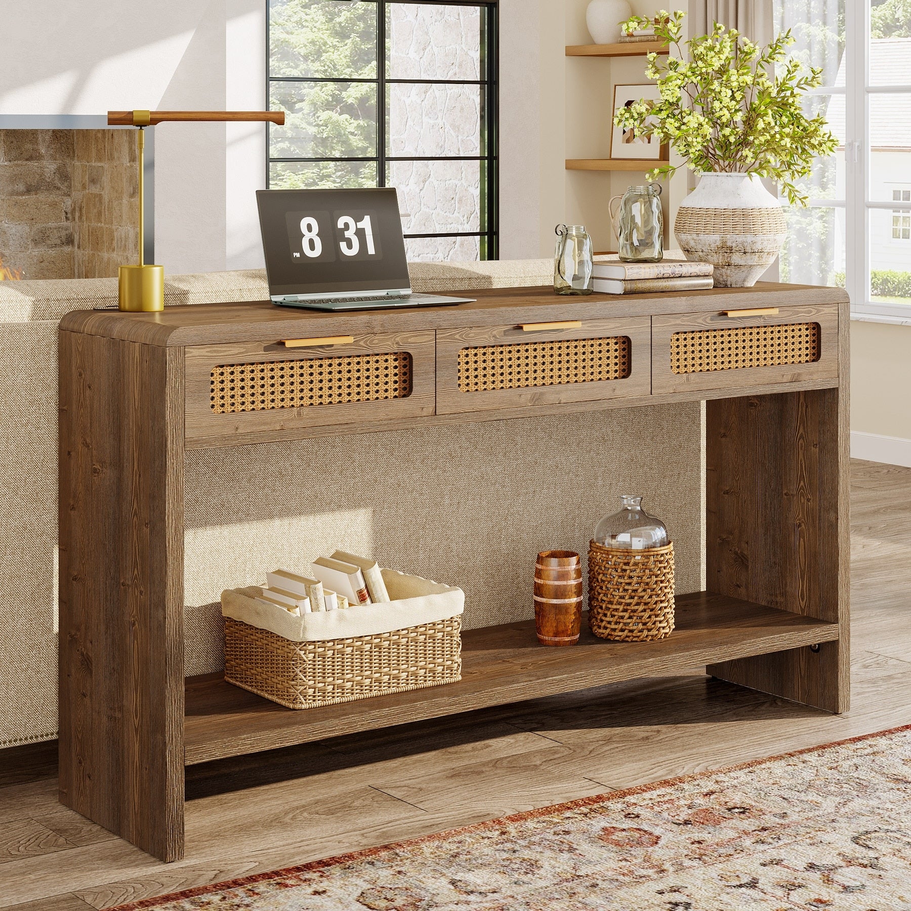 55 Narrow Console Sofa Table With 3 Rattan Drawers And 2 Tier Storage Shelf 13.78 D X 55.12 W X 32.68 H
