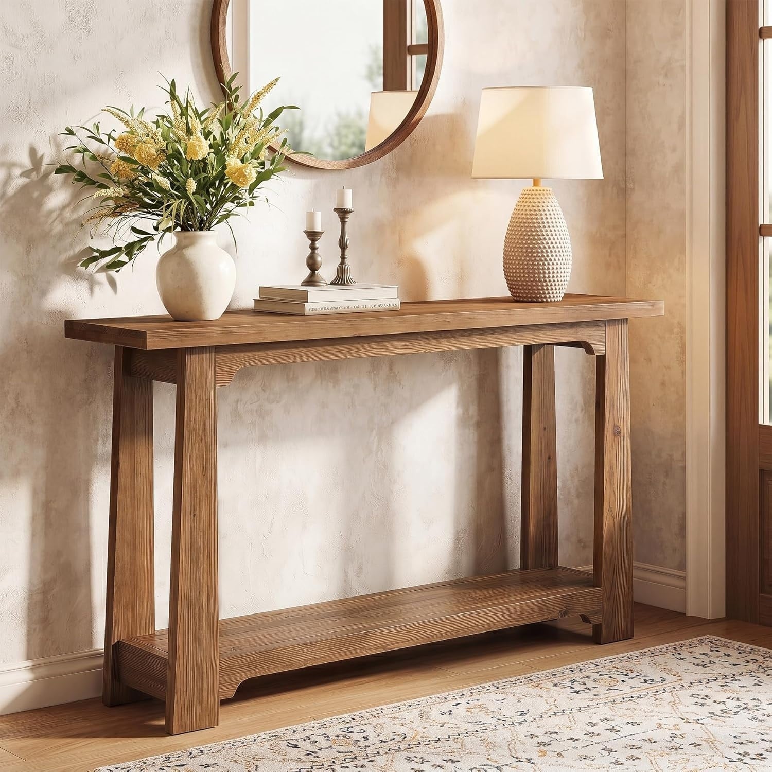 55 Solid Wood Console Table Farmhouse Entryway Table With Storage Shelf Narrow Sofa Table Behind Couch