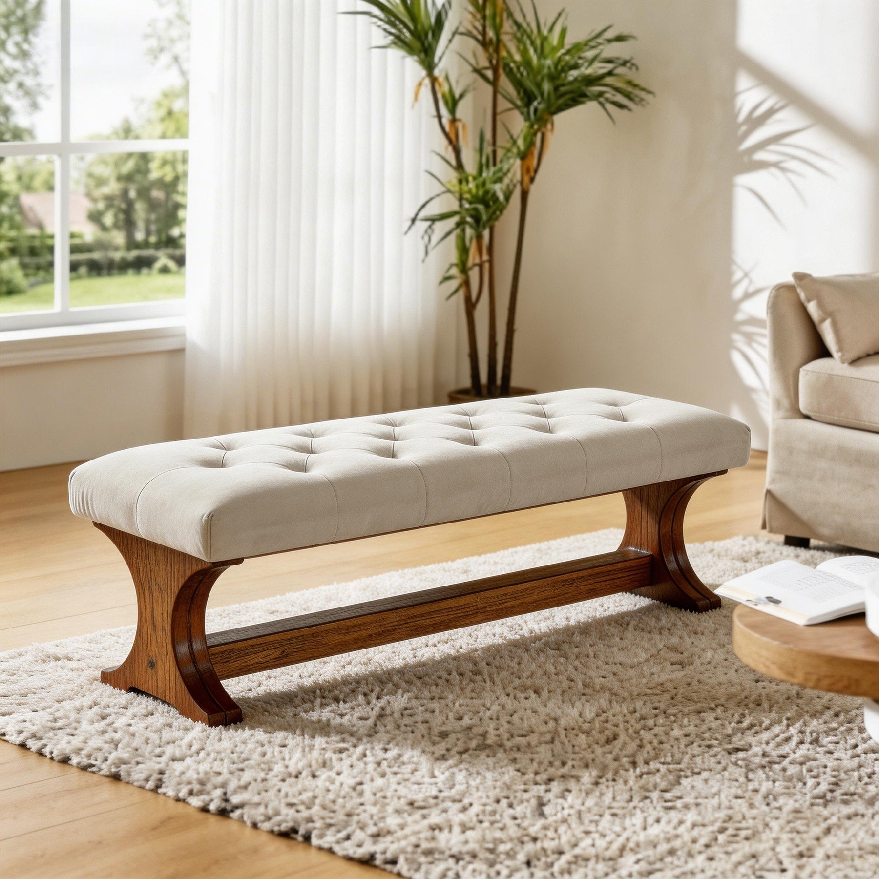 55 Upholstered End Of Bed Bench Solid Wood Tufted Entryway Bench