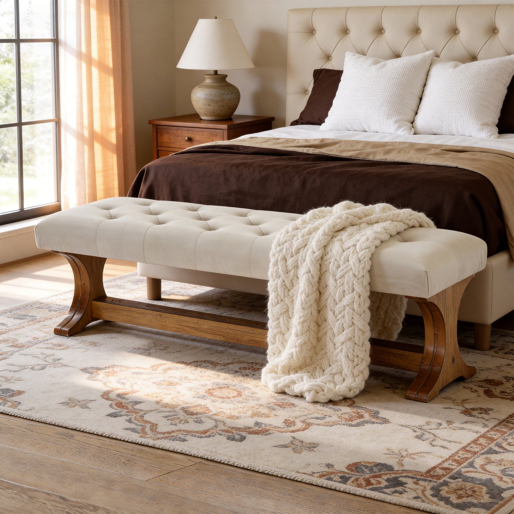 55 Upholstered End Of Bed Bench Solid Wood Tufted Entryway Bench Ottoman With Cushion For Bedroom Living Room Hallway