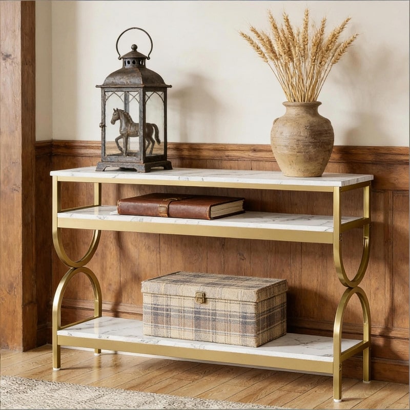 55 White Gold Console Table With Faux Marble Top And 3 Tier Storage