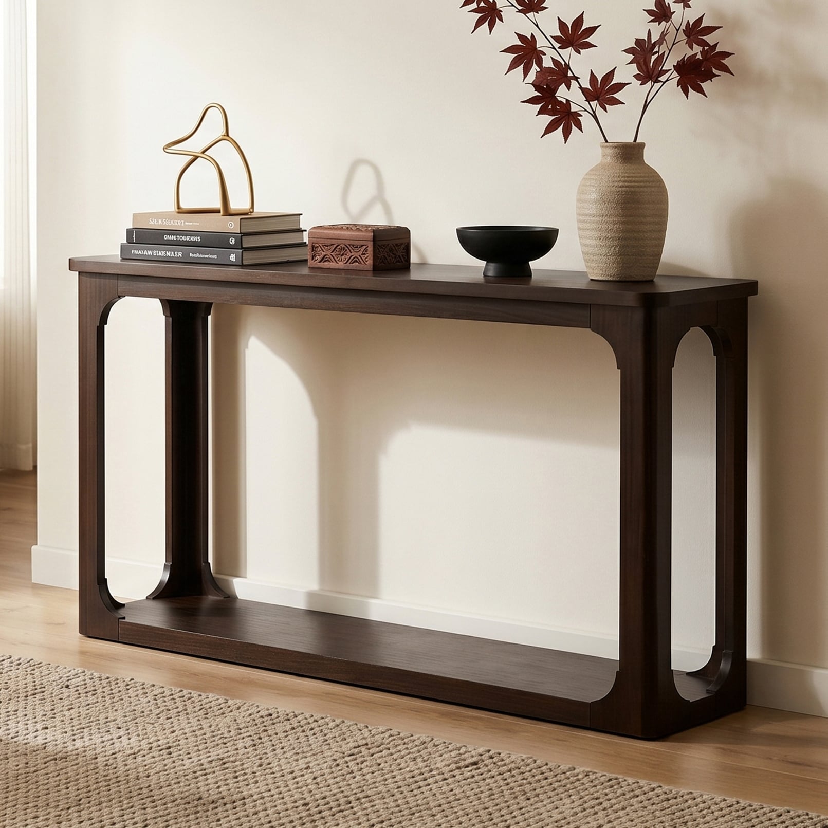 55 Espresso Minimalist Console Table With Open Arch Cutouts Rounded Corners Solid Wood Legs Wood Veneer Sturdy Bottom Shelf
