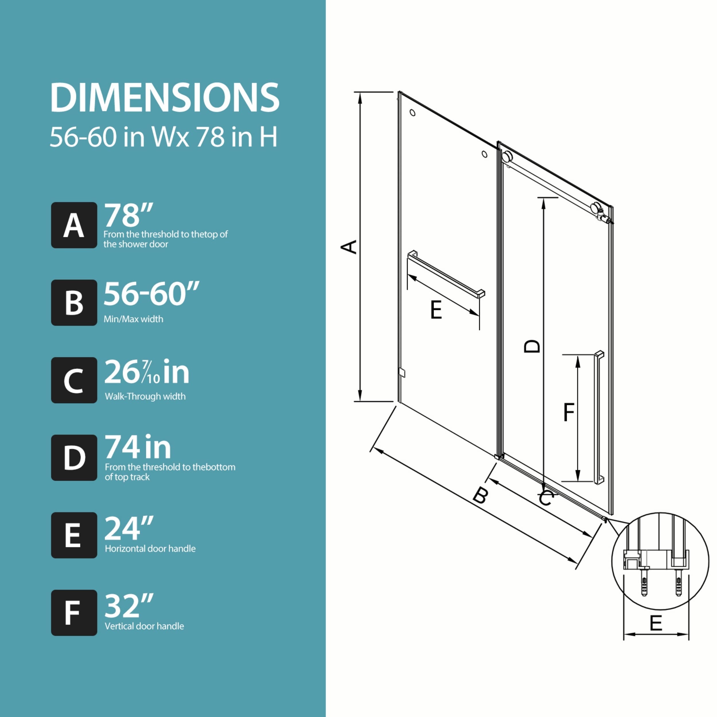 56 60 X78 Frameless Sliding Shower Door 3 8 Anti Shatter Glass Adjustable Stainless Steel Track Matte Black Nickel
