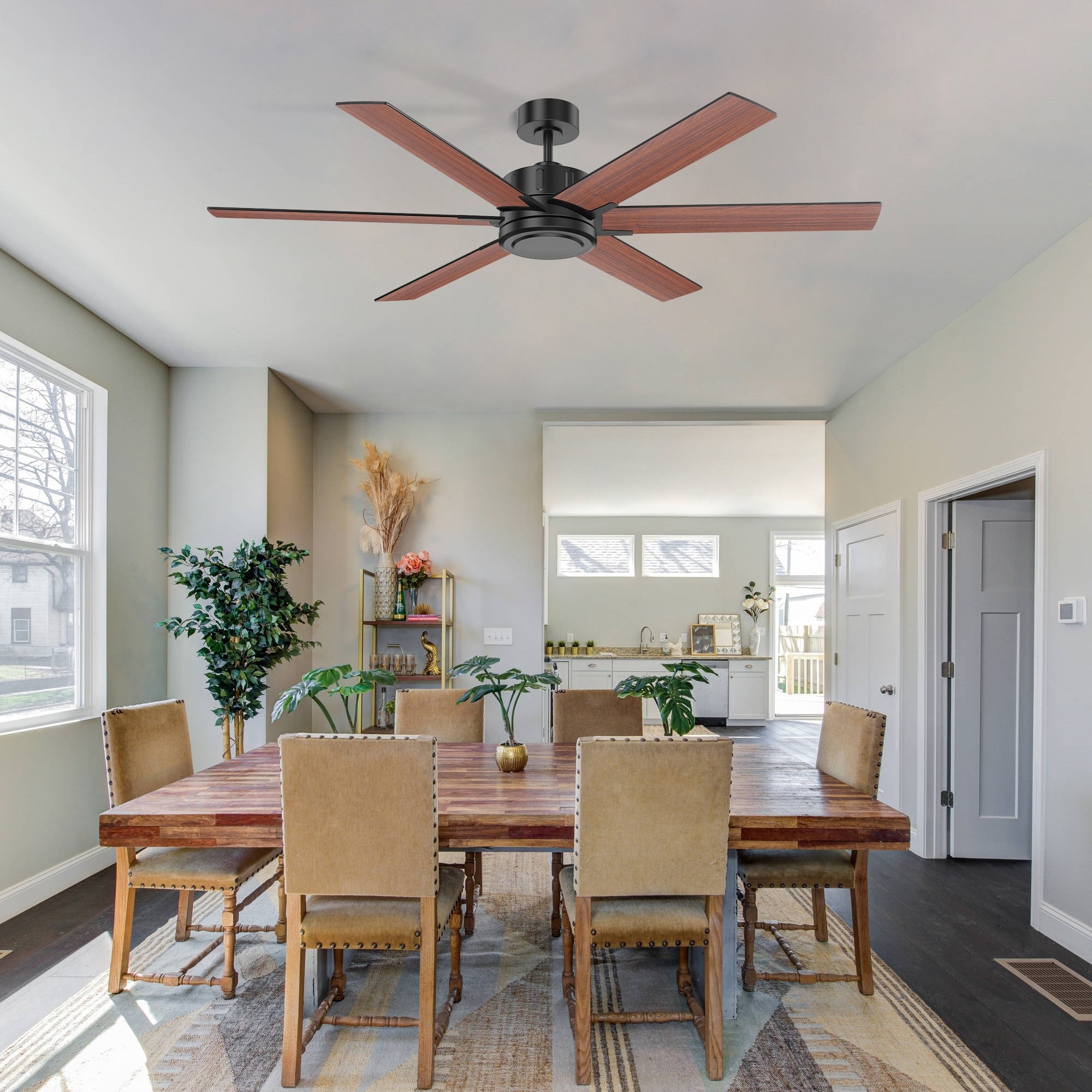 56 Inch Large Ceiling Fan Without Light 6 Blades Dc Motor Remote 6 Speed Quiet Reversible Black Walnut