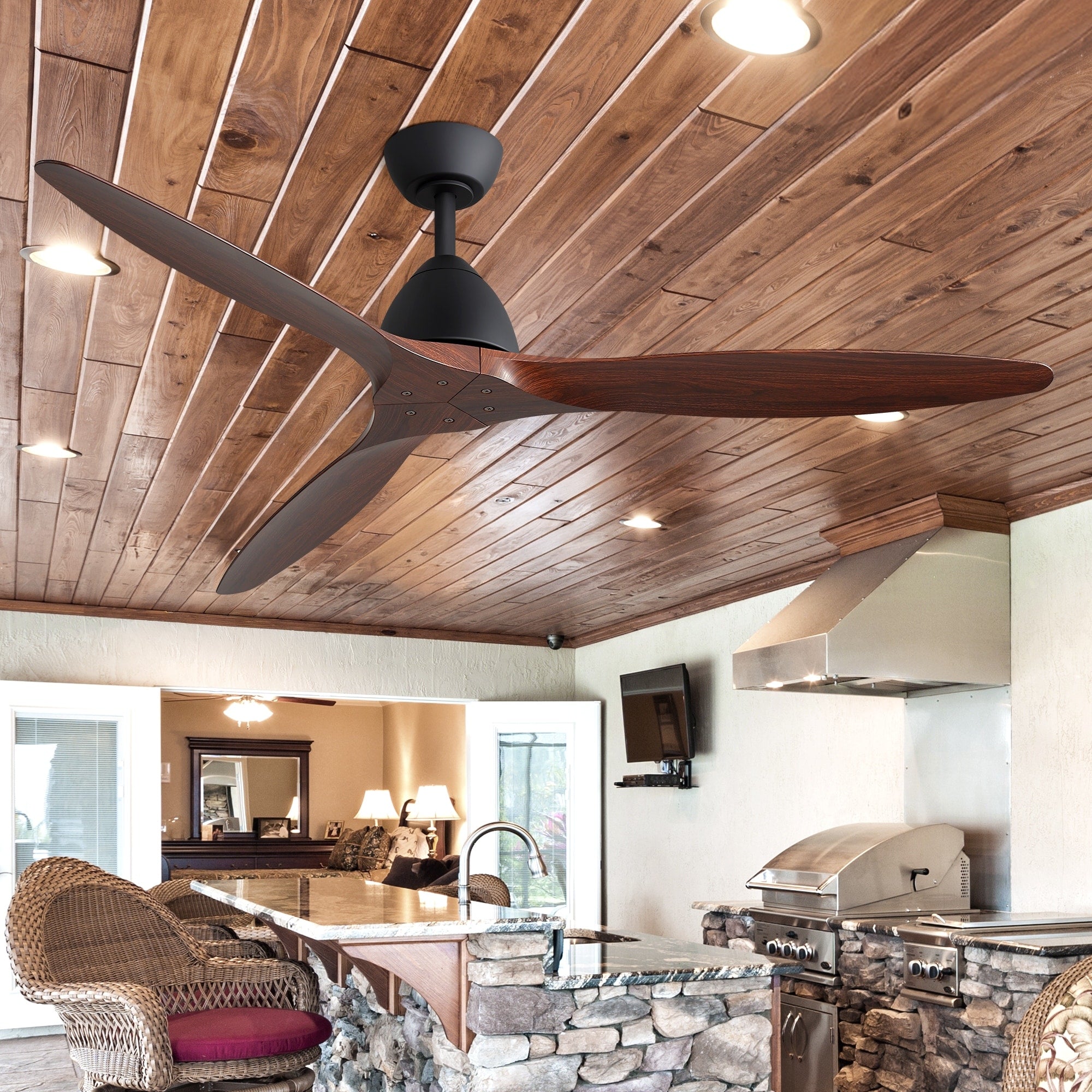 56 Inch Modern Ceiling Fan With Remote Control No Light Ceiling Fan With Wood Grain Abs Blades 6 Speeds Reversible Dc Motor