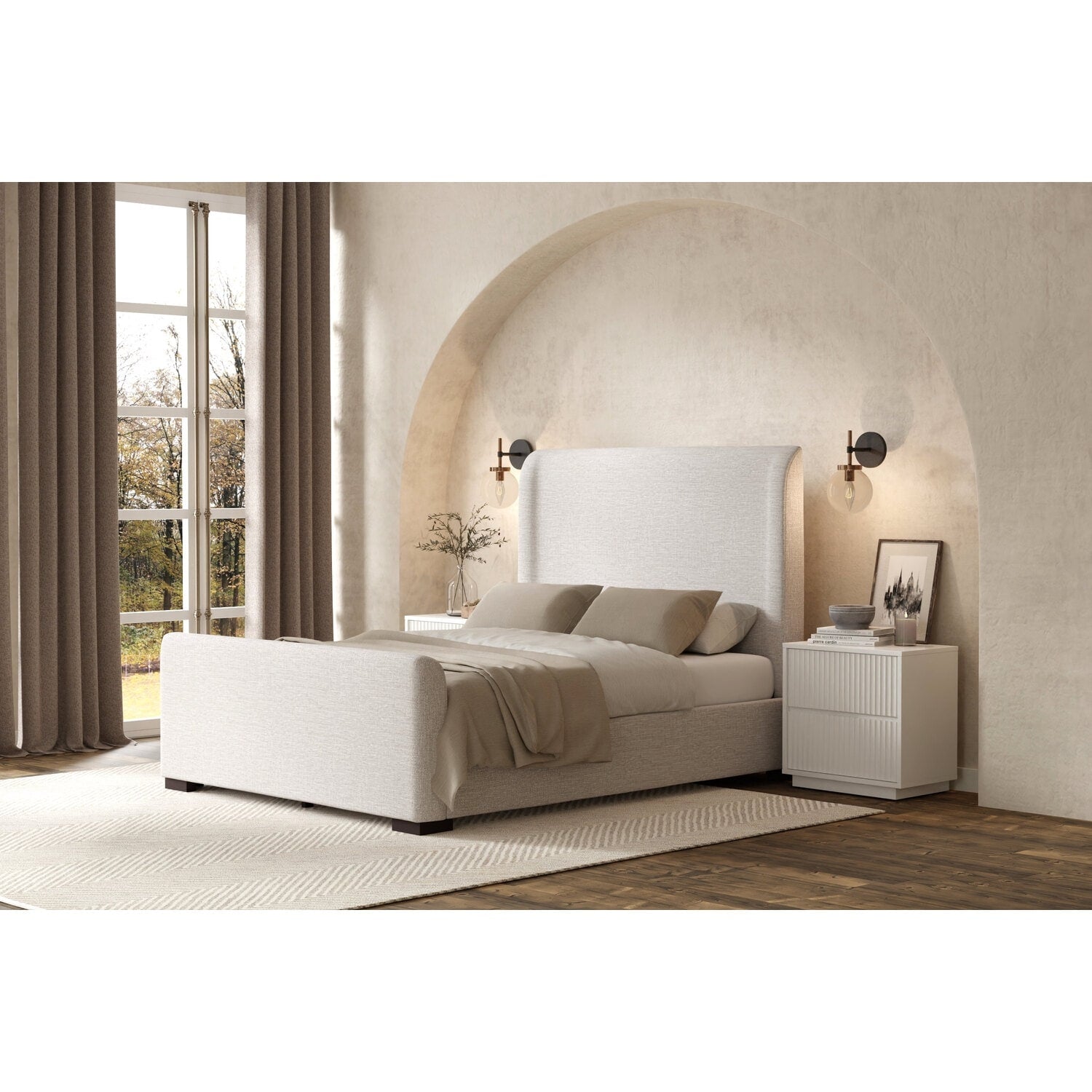 56 In.H Beige Wood Frame King Size Panel Bed With Polyester Upholstery Material And Bed Frame Mounted