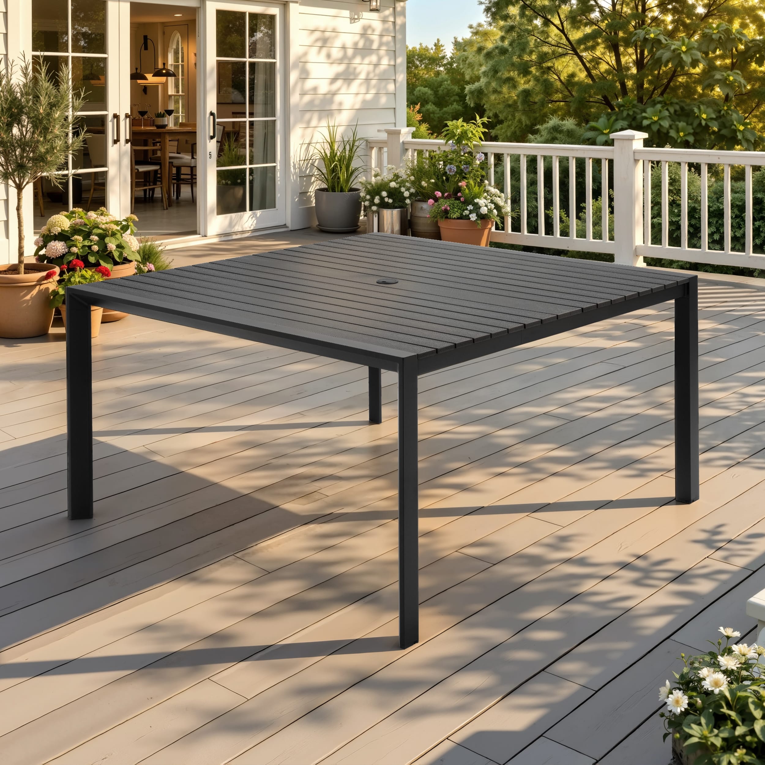 56.3In Outdoor Patio Aluminum Square Wood Like Tabletop Weather Resistant Dining Table With Umbrella Hole