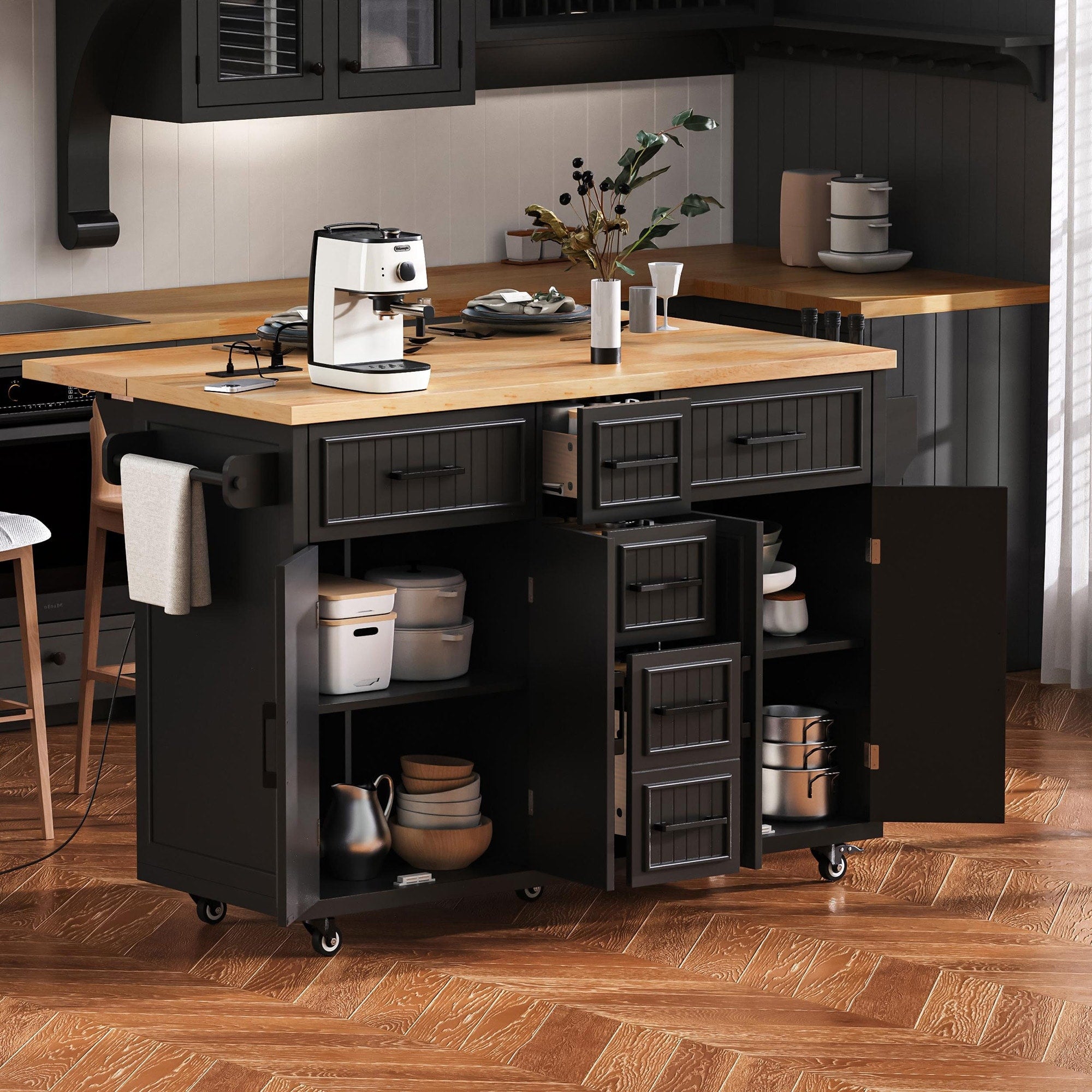 56.5 Kitchen Island With Drop Leaf Power Outlet Rolling Kitchen Cart On Wheels With 4 Doors 5 Drawers And Adjustable Shelves