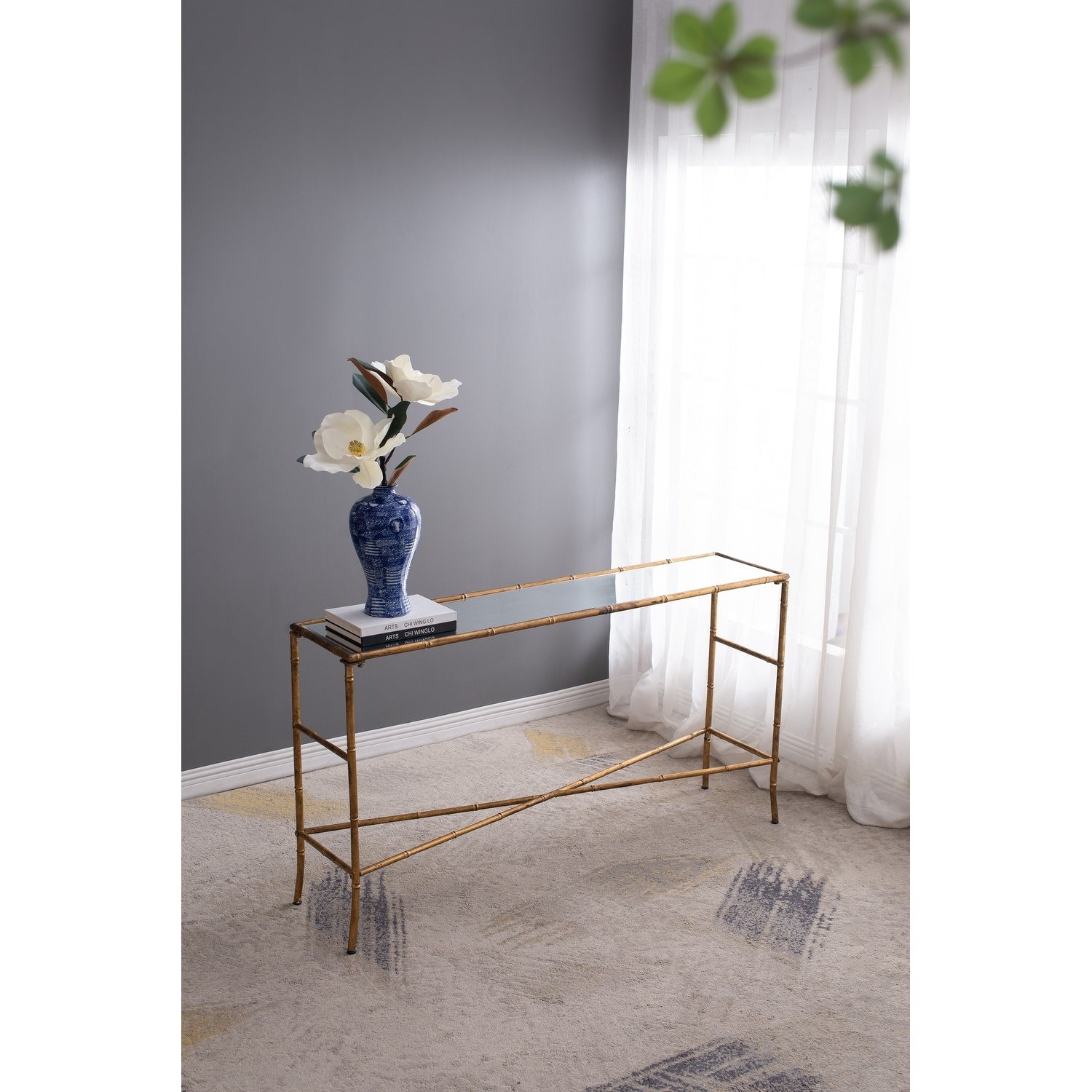 56.5X14X30 Antique Gold Console Table Mirrored Top