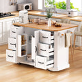 56Inch Rolling Kitchen Island With Rubber Wood Top And Power Outlet