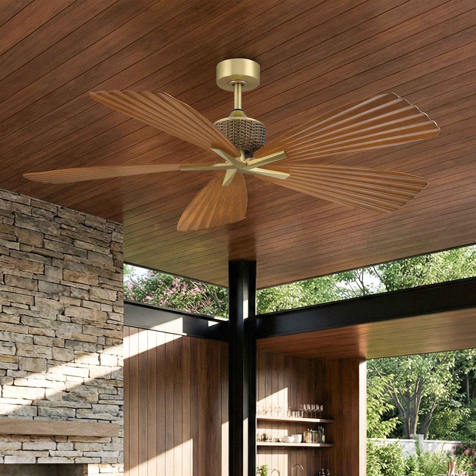 56 Modern Brown Leaf Design 5 Blade Indoor Outdoor Ceiling Fan With Remote No Light