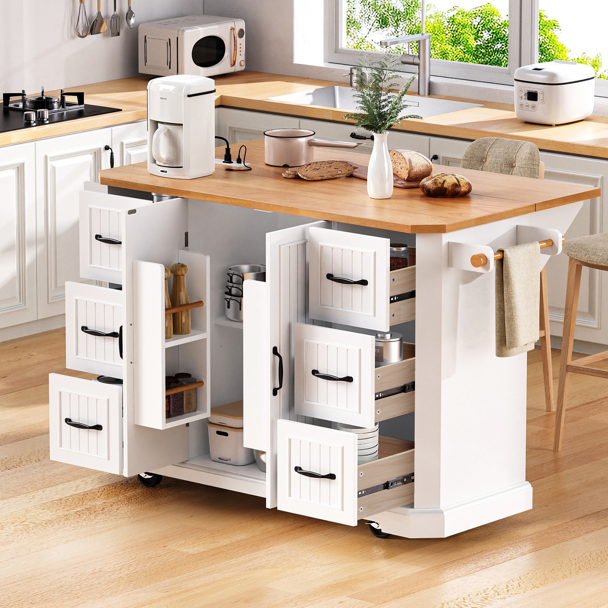 56 Embossed Vertical Stripe Kitchen Island With Rubber Wood Veneer Drop Leaf Power Outlet 4 Door Shelves 6 Deep Drawers