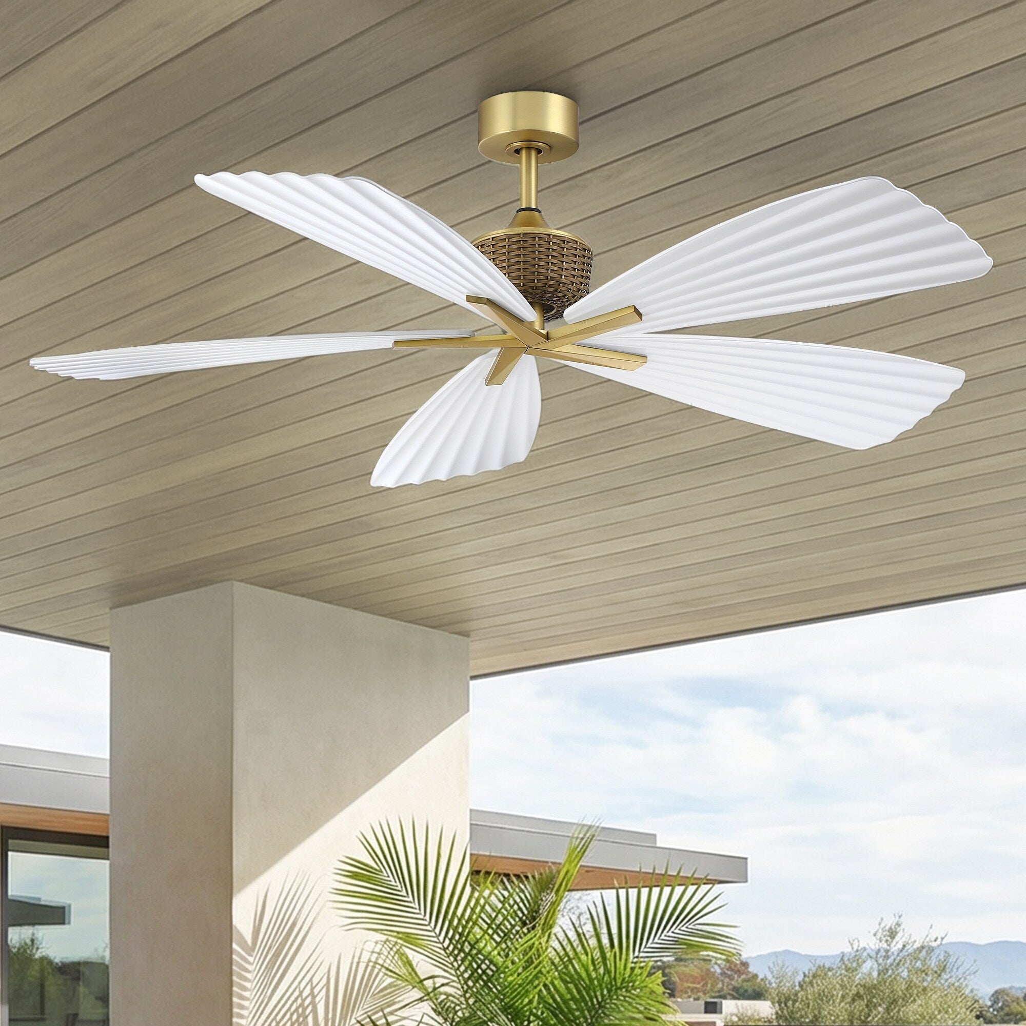 56 Modern White Leaf Design 5 Blade Indoor Outdoor Ceiling Fan With Remote No Light