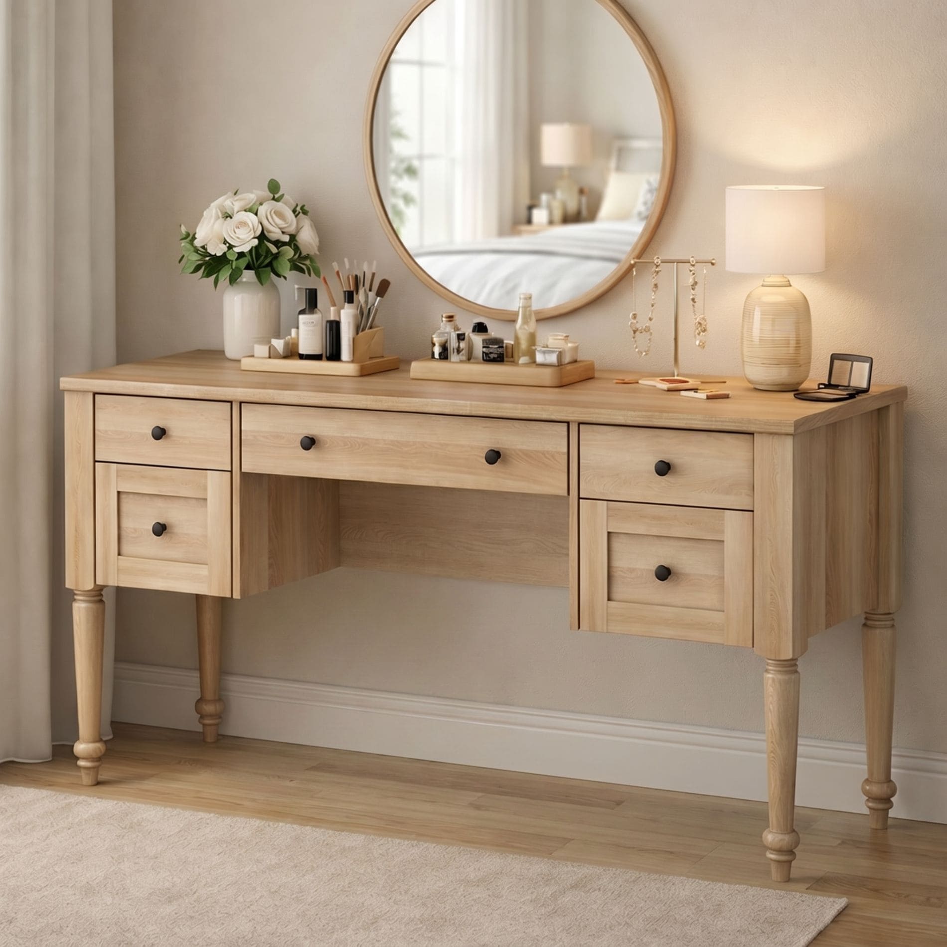 56 Spacious Vanity Desk With 5 Drawers For Bedroom