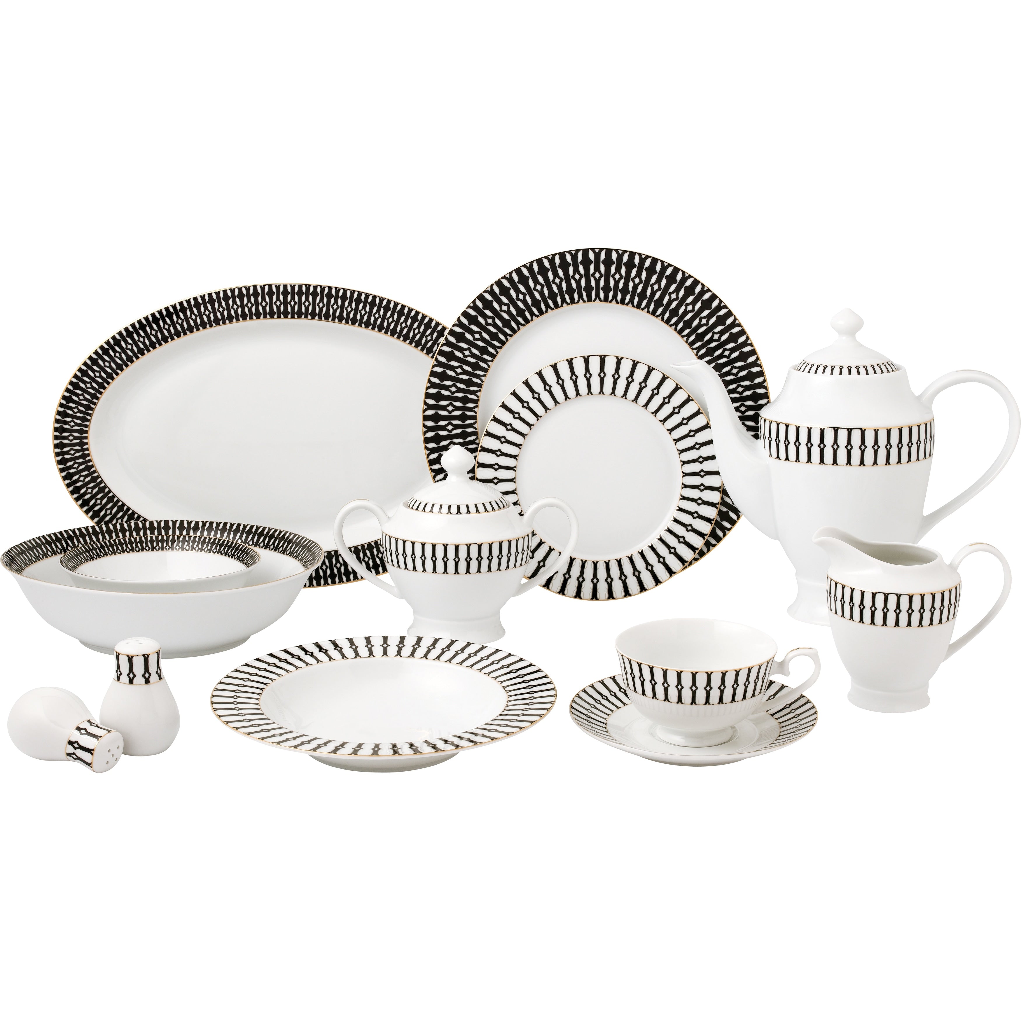 57 Piece Black And White Dinnerware Set New Bone China Service For 8 People