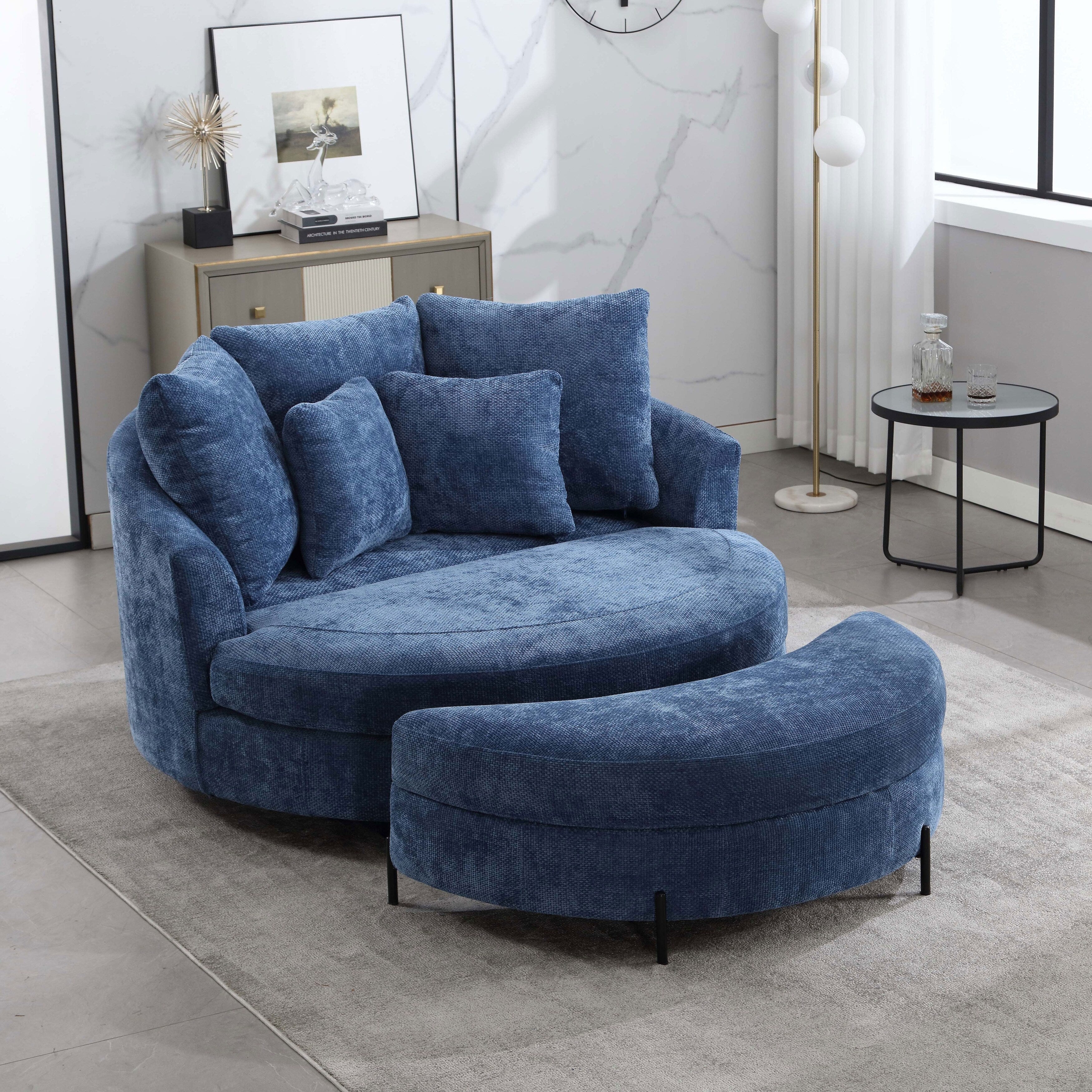 57W Oversized Sofa Chair Set Round Accent Barrel Chair With 5 Pillows And Storage Ottoman