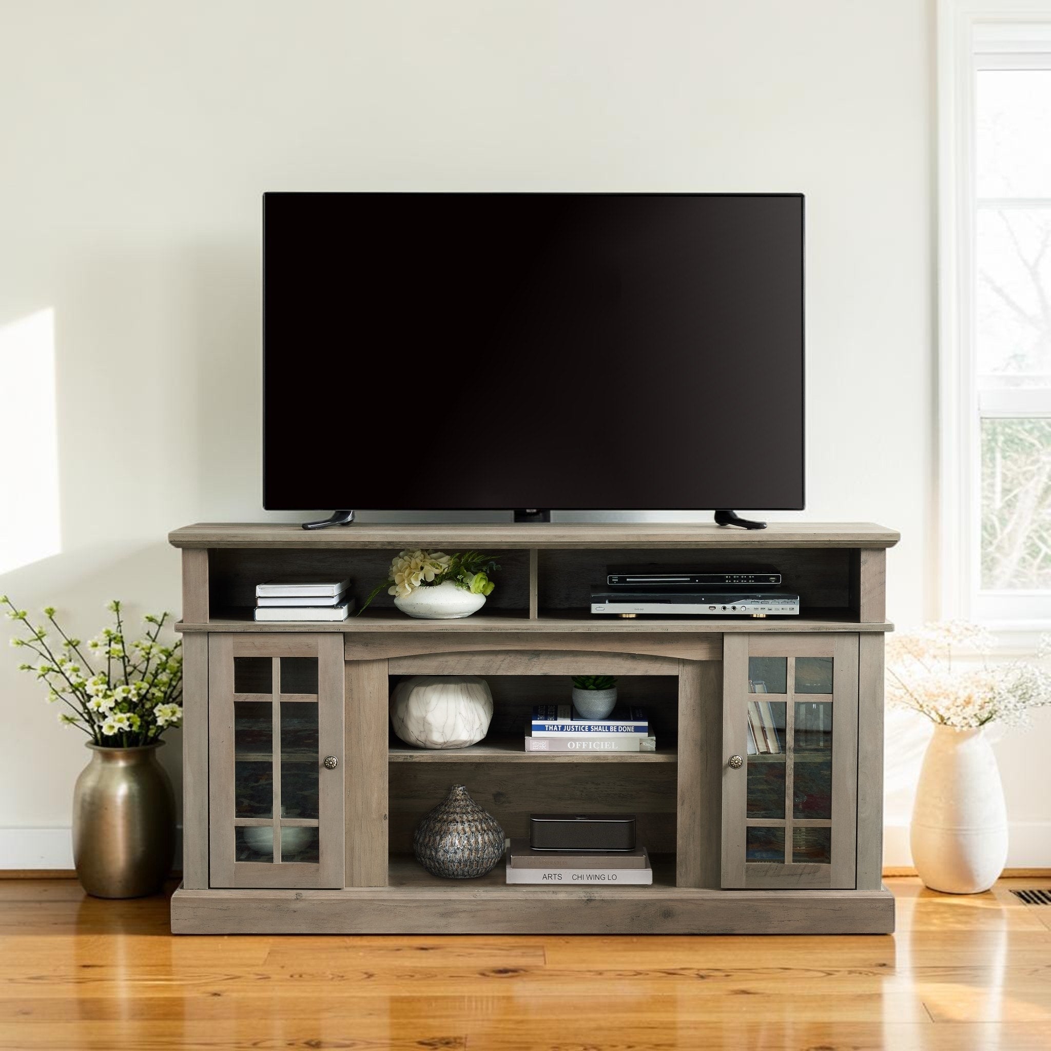 58 Inch Classic Tv Stand With Open And Closed Storage Gray Wash Entertainment Console For Tvs Up To 65