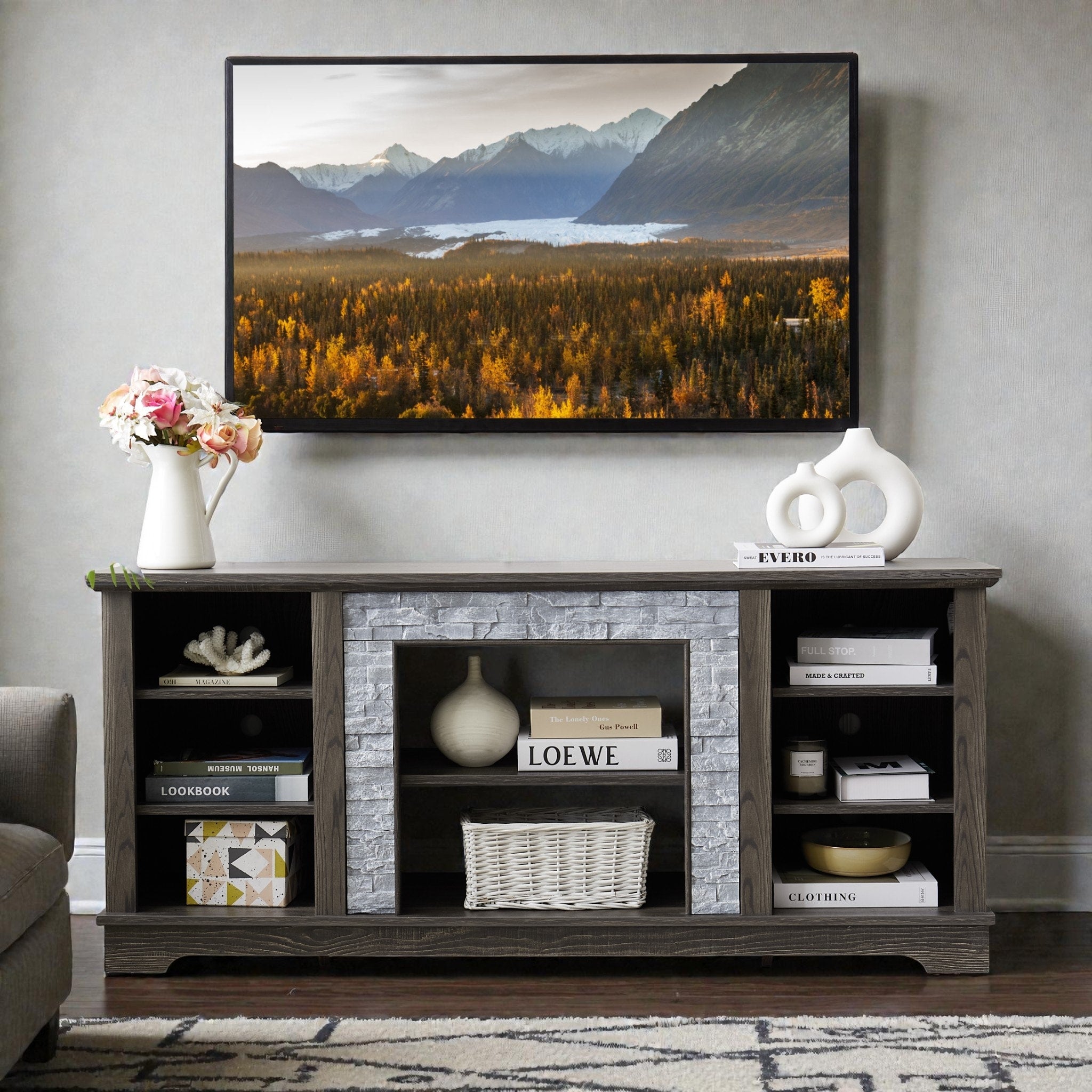 58 Inch Mantel Stone Tv Stand For Tvs Up To 65 Inch Media Console With Faux Stacked Stone Surround And Open Storage