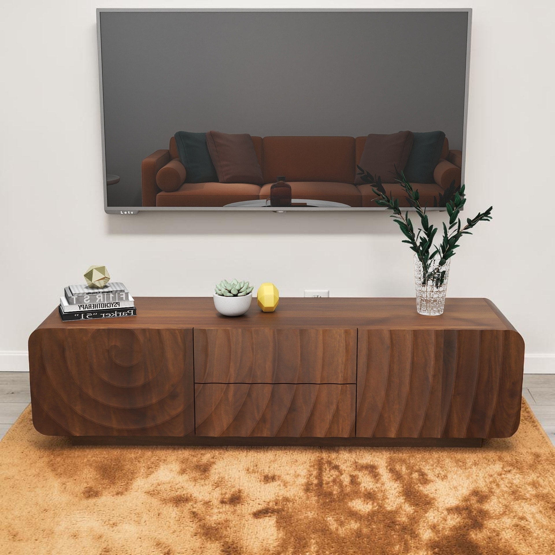 58 Inch Mid Century Tv Stand With Spiral Wave Doors And Drawers Modern Entertainment Center For Tvs Up To 69