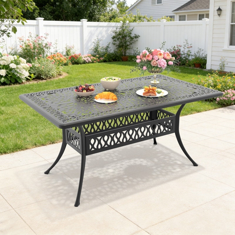 58.27 Inch Black Rectangle Cast Aluminum Patio Table With Umbrella Hole