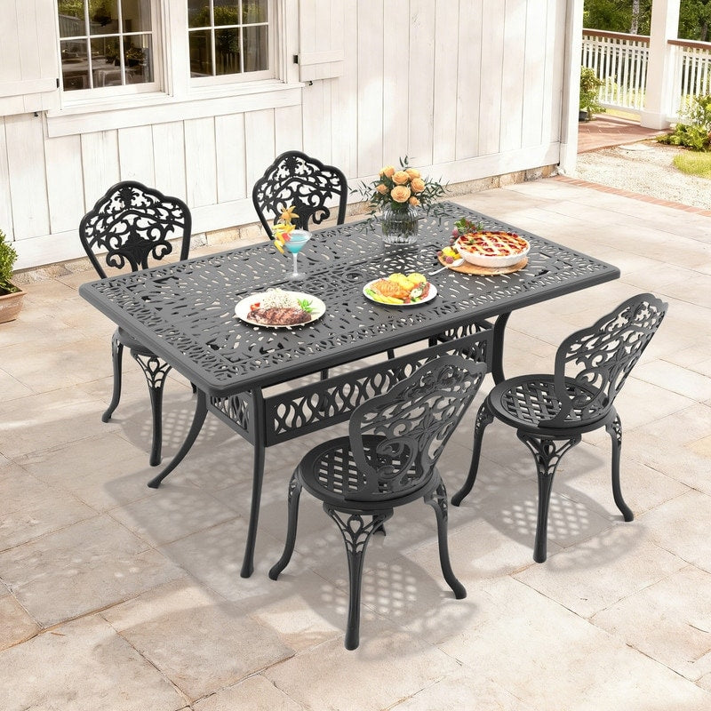 58.27In Rectangle Black Cast Aluminum Outdoor Dining Table With Unbrella Hole 4 Outdoor Dining Chairs Without Cushion