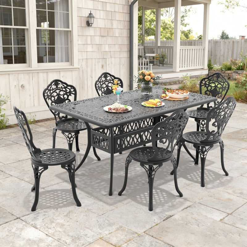58.27In Rectangle Black Cast Aluminum Outdoor Dining Table With Unbrella Hole 6 Outdoor Dining Chairs Without Cushion