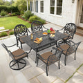 58.27In Rectangle Black Outdoor Dining Table With 2 Swivel 4 Stackable Chairs Brown Cushions 7 Piece Set