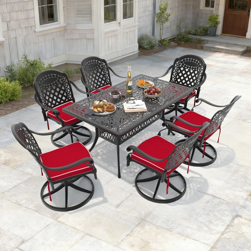 58.27In Rectangle Cast Aluminum Outdoor Dining Table And 6 Swivel Black Frame Outdoor Chairs With Brown Cushions