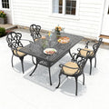 58.27In Reltangle Black Cast Aluminum Outdoor Dining Table With Unbrella Hole 4 Outdoor Chairs With Brown Cushions