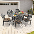 58.27In Reltangle Black Cast Aluminum Outdoor Dining Table With Unbrella Hole 6 Outdoor Chairs With Cushions