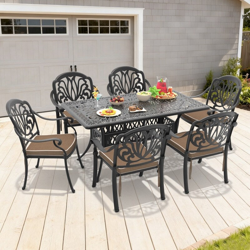 58.27In Reltangle Black Cast Aluminum Outdoor Dining Table With Unbrella Hole 6 Outdoor Chairs With Cushions